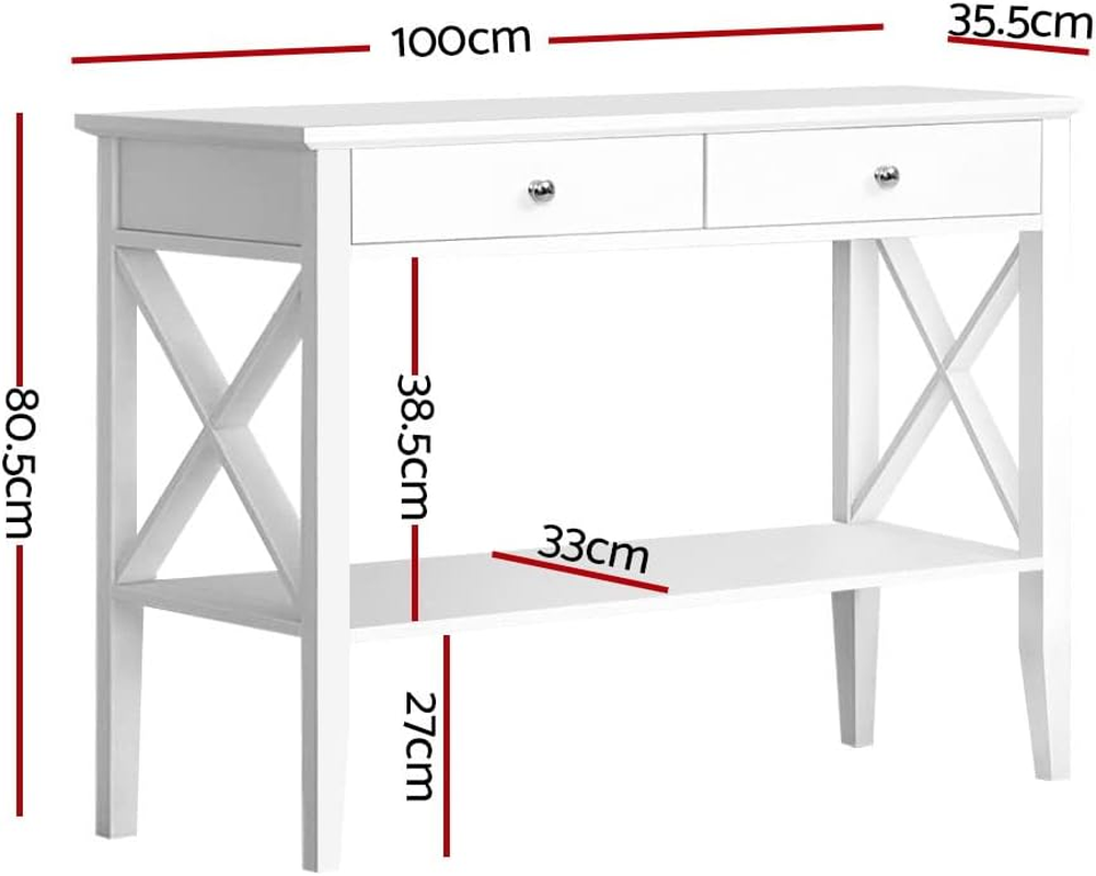 Artiss Console Table, Wood Side Hallway Tables Desk Drawers Display Home Bedroom Office Living Room Entryway Furniture, with 2 Drawer Spacious Storage Shelf White image number 3