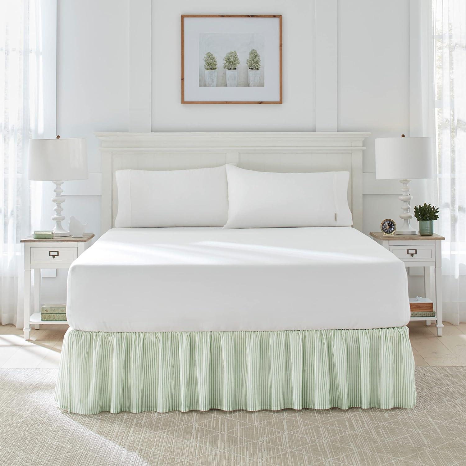 Laura Ashley Home - Cotton Ruffled Bedskirt, Lightweight & Classic Style (Ticking Stripe Green, Full) image number 1