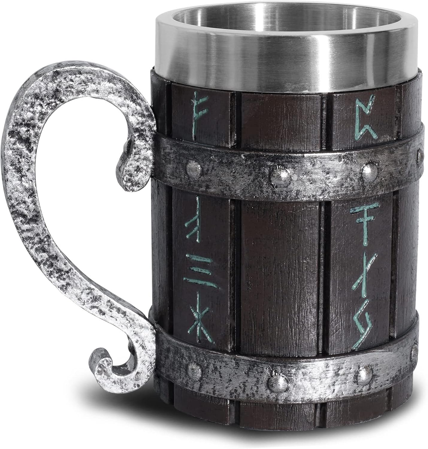 Ottalent Nordic Viking Mug,Oak Wooden Beer Stein Stainless Steel Liner,Nordic Mythology Viking Runes Tankard Coffee Cup for Men Father&rsquo;S Day Gift 18Oz.