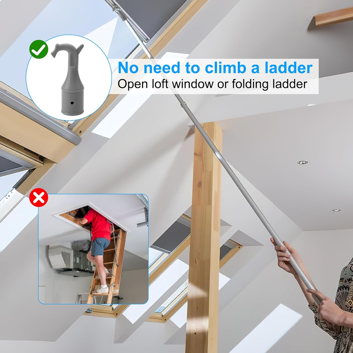 APOMOONS Pack of 2 Attic Hooks, Roof Window Stick Hooks with Non-Slip Base, Floor Stairs Replacement Parts for Window Opener Rod, Grey Pull Hooks for Floor Stairs (25 Mm) image number 3