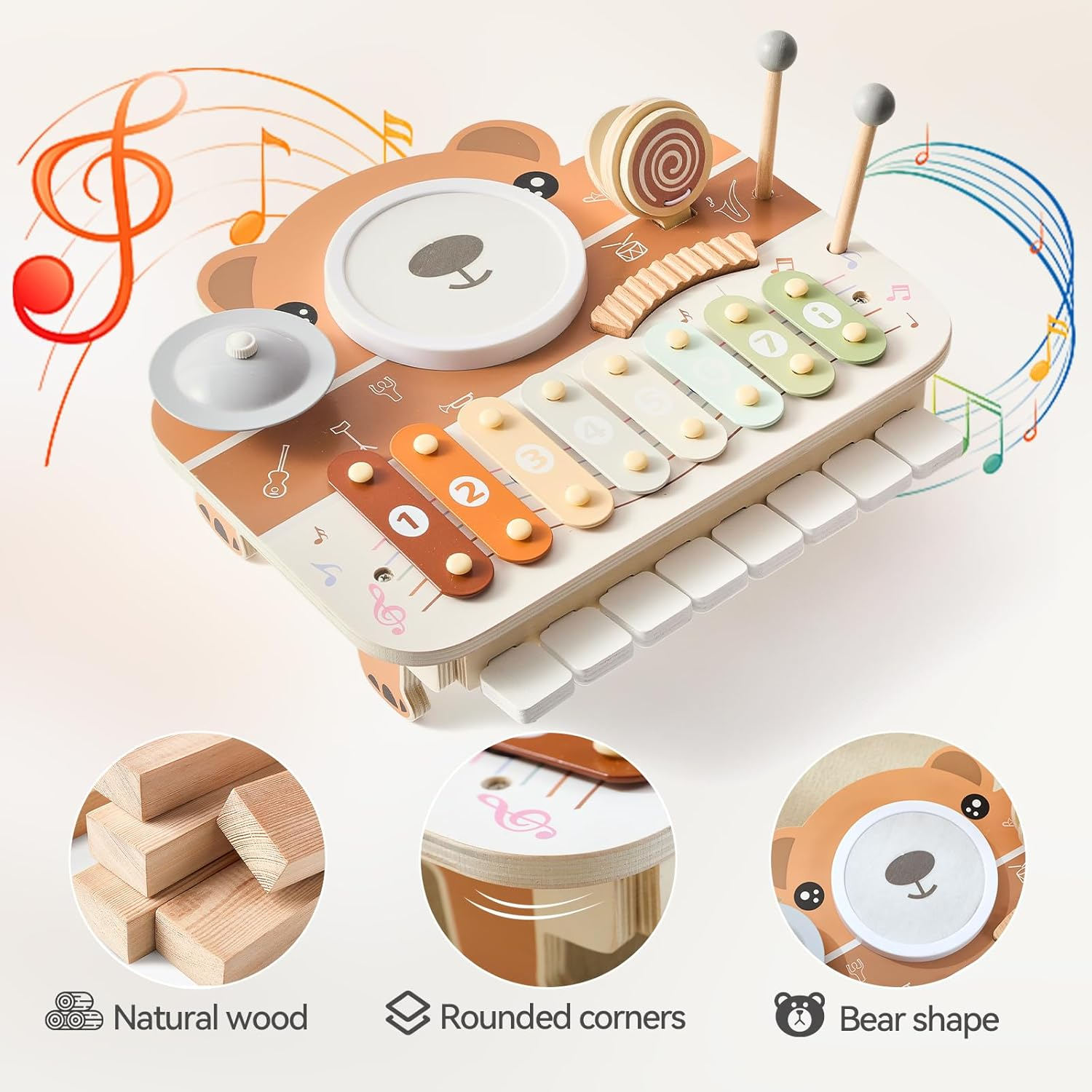 Wooden Musical Instruments for Toddlers 1-3, Percussion Instruments for Kids Baby Drum Set Xylophone, Montessori Educational Musical Toys, Gifts for Girls Boys image number 6
