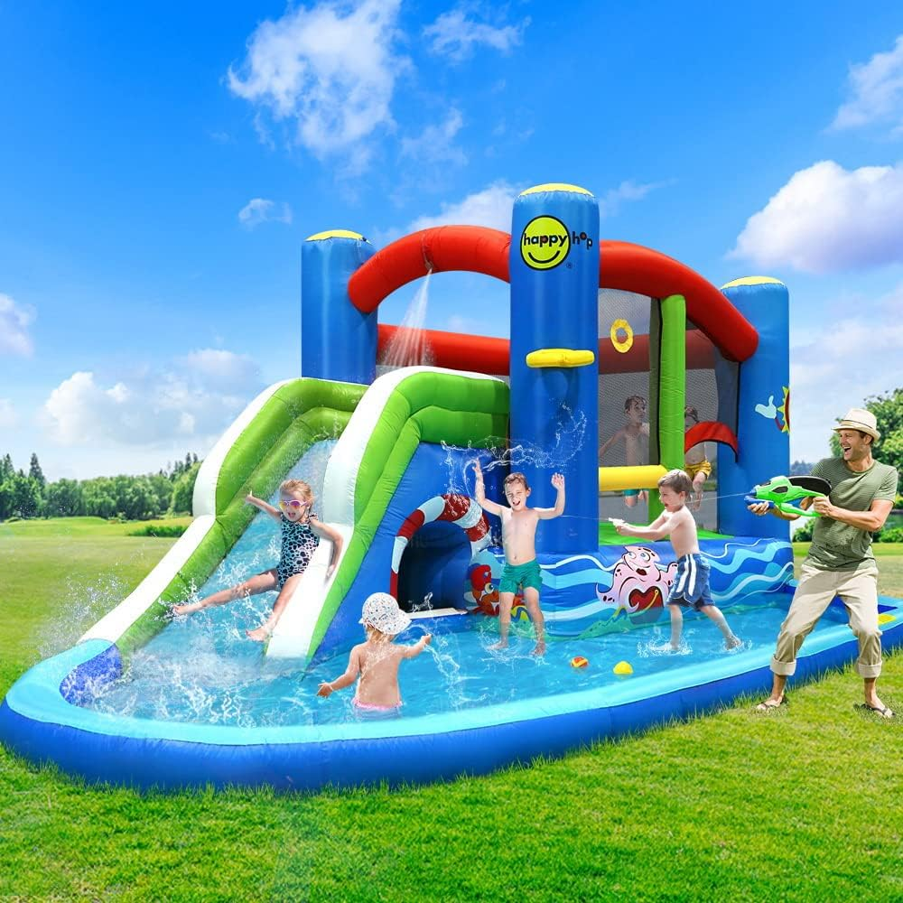 Happy Hop Jumping Castle, Inflatable Pool Water Slide Kids Bouncy Castles Waters Park Play Waterslide Toddler Baby Toys Outdoor Playing Centre, with Carry Bag Repair Kit Multicoloured image number 2