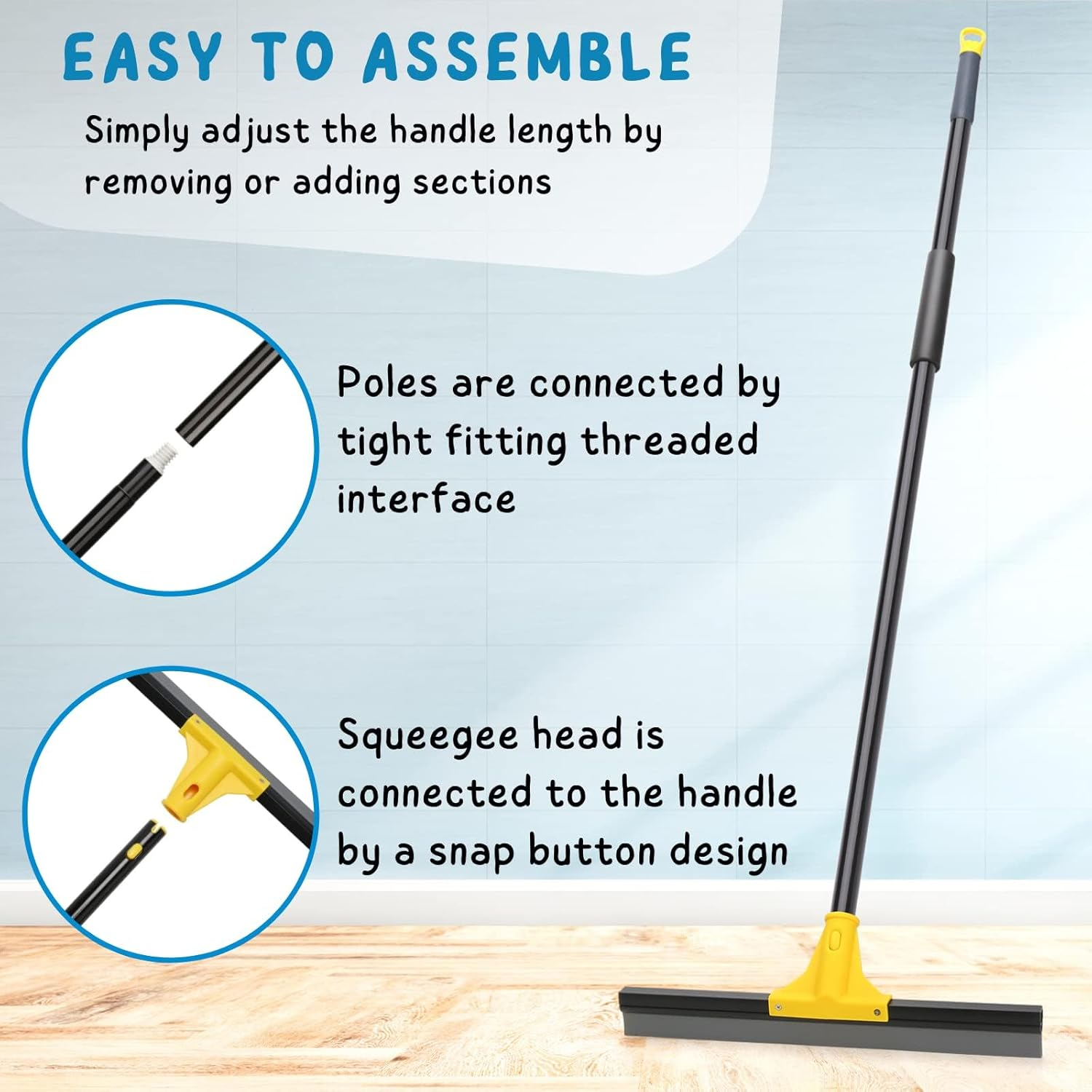 Squeegee Broom for Floor, 18'' Heavy Duty Rubber Wiper with 60'' Long Handle for Bathroom Tile, Garage Concrete, Deck, Shower Glass, Window Cleaning (Yellow) image number 3