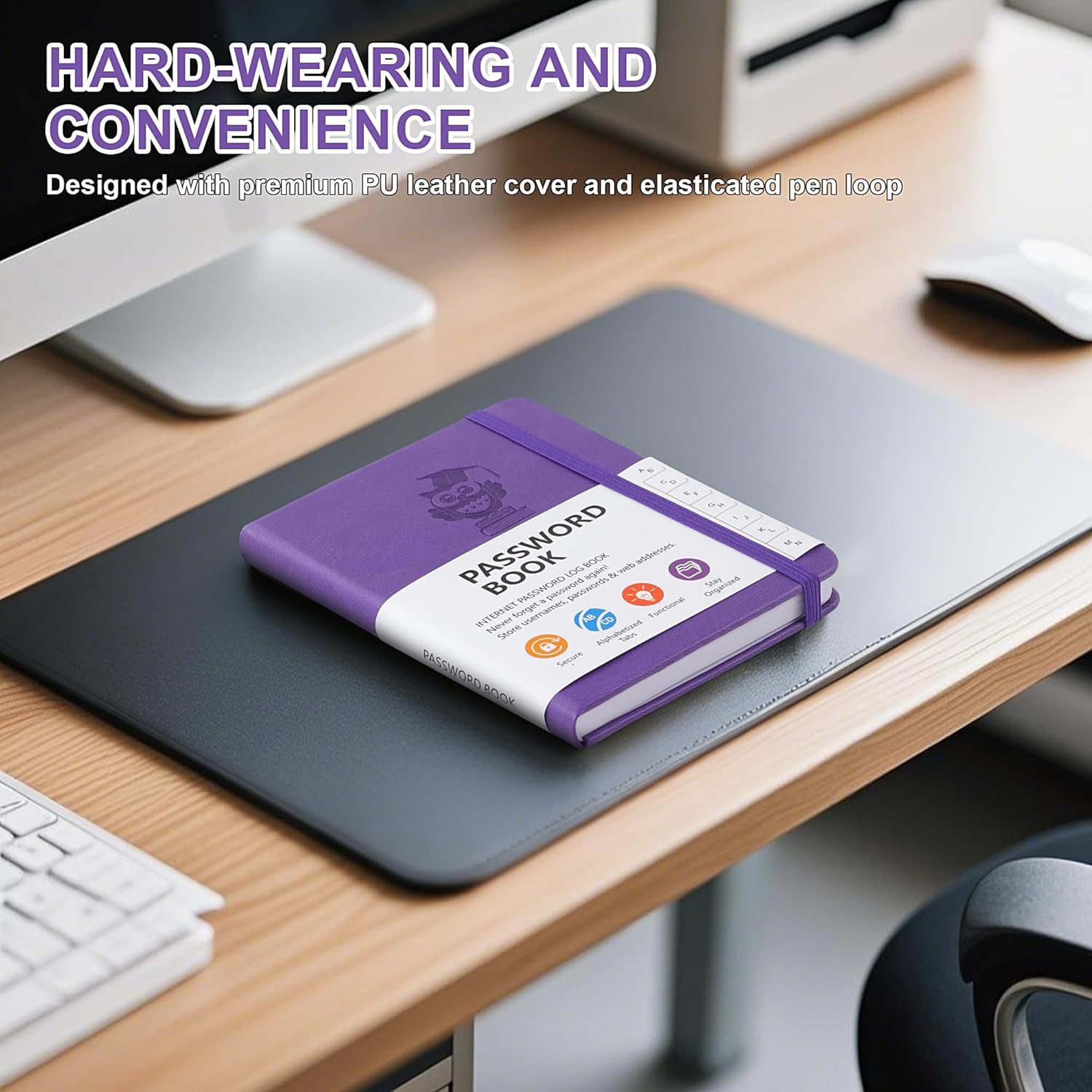 JUNART 4Colors A6 Password Book with Alphabetical Tabs and Elastic Pen Loop, PU Leather Cover, Secure Organizer for Home, Office and Travel（Purple） - Purple image number 2