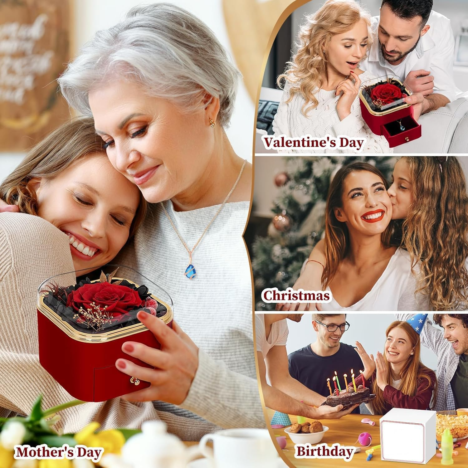 Birthday Day Rose Gifts for Women, Preserved Real Eternal Roses Mom, Box with Necklace, Romantic Forever Roses for Grandma Wife Friend, Anniversary Day
