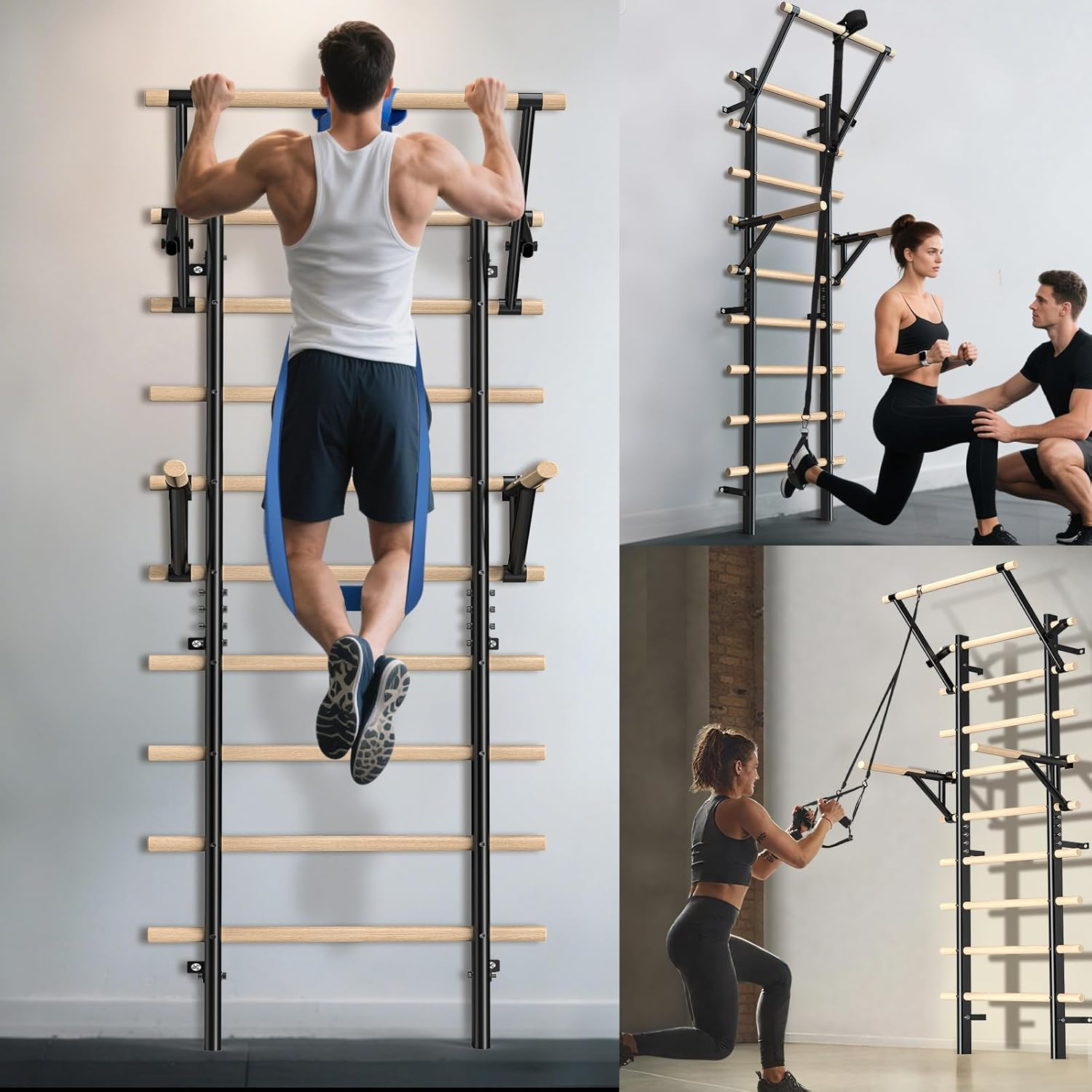 Wall-Mounted Climbing Frame with Pull-Up Bar & Dip Bars &ndash; 220 Cm Home Fitness Jungle Gym Made of Beechwood &ndash; Max. Load Capacity 250 Kg &ndash; for Strength Training, Calisthenics & Rehabilitation image number 4