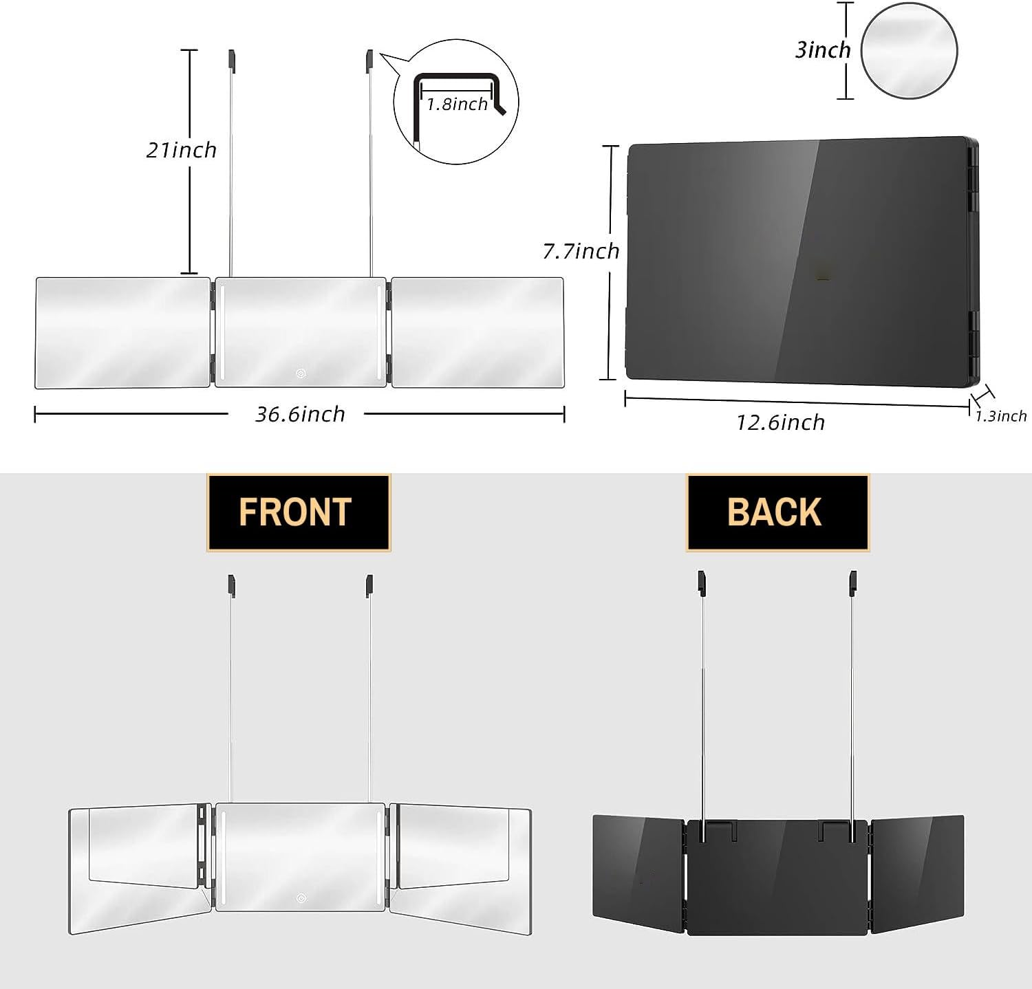 Armour Fit 3 Way Mirror, 360&deg; Adjustable & Foldable Mirror, Portable Trifold Mirror with Height Adjustable Hooks for Hair Styling, Cutting, Colouring, Makeup & Shaving image number 5