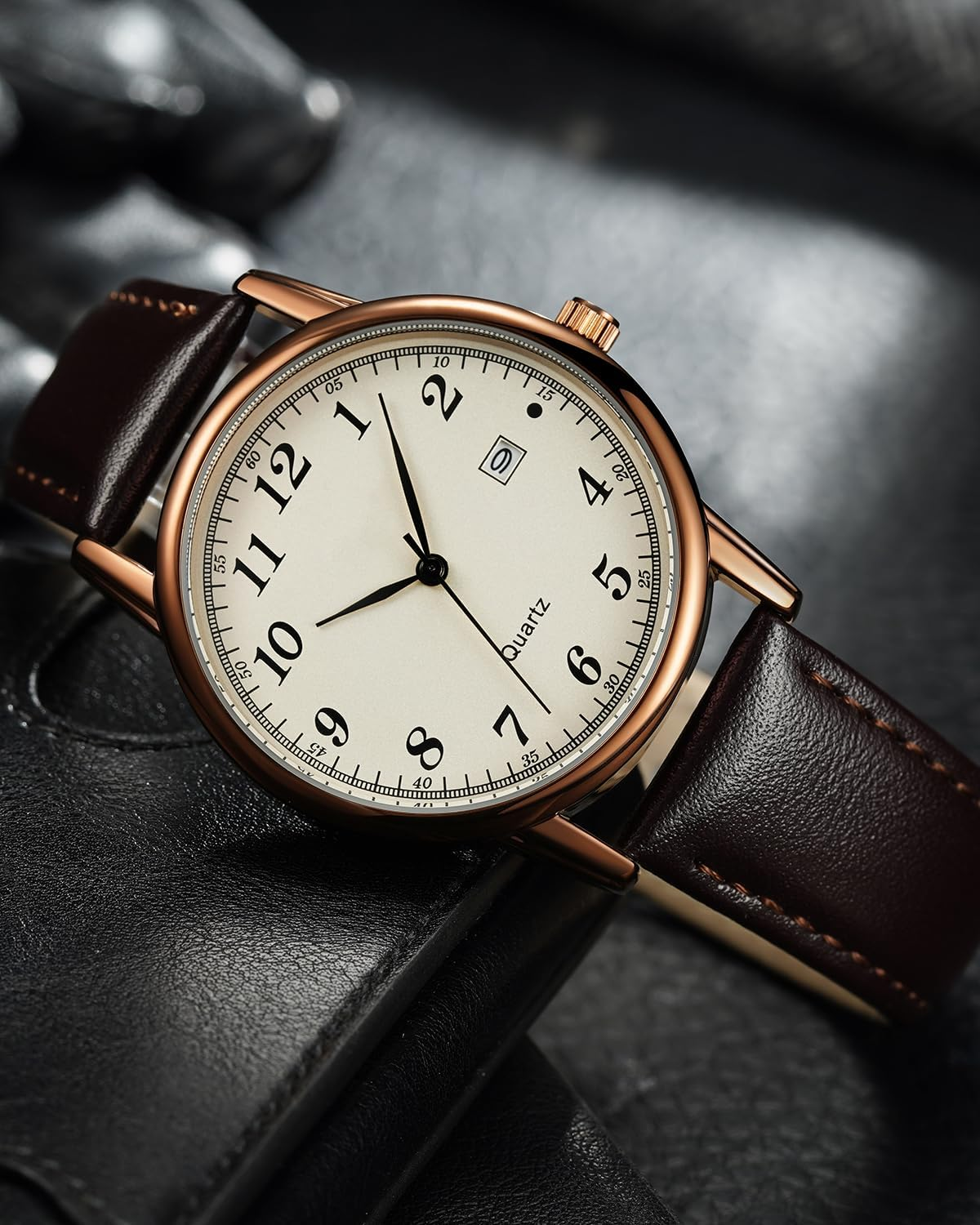 CIVO Watches for Men Military Leather: Waterproof Analog Quartz Minimalist Face - Sport Casual Date Wrist Watch - A Brown image number 5