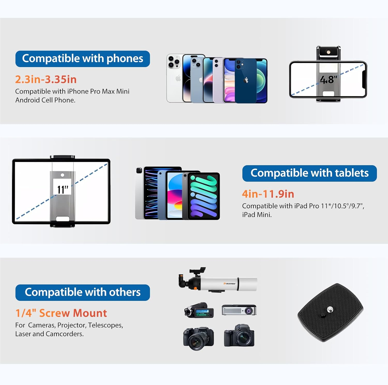 75" Camera Tripod, Aluminum Heavy Duty Camera Stand for Ipad Phone, Travel Tripod With/Carry Bag/Phone Tablet Holder, Compatible with Canon Nikon Sony DSLR, Spotting Scopes, Max Load 15 Lb(Black) image number 4