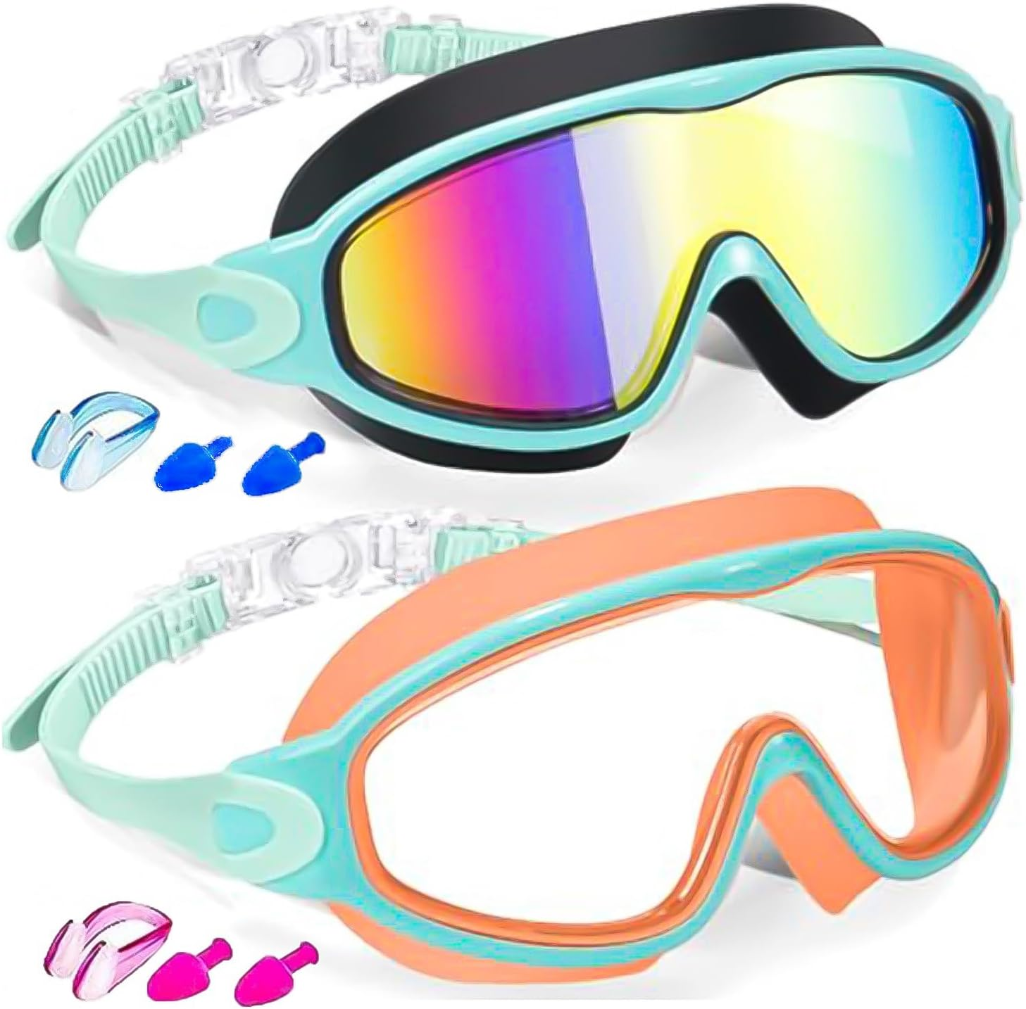 Swim Goggles for Kids 2 Pack, Anti-Fog UV Protection No Leak Swimming Goggles for Boys and Girls Ages 3-15, Adjustable Wide View Goggles with Nose Clip & Ear Plugs
