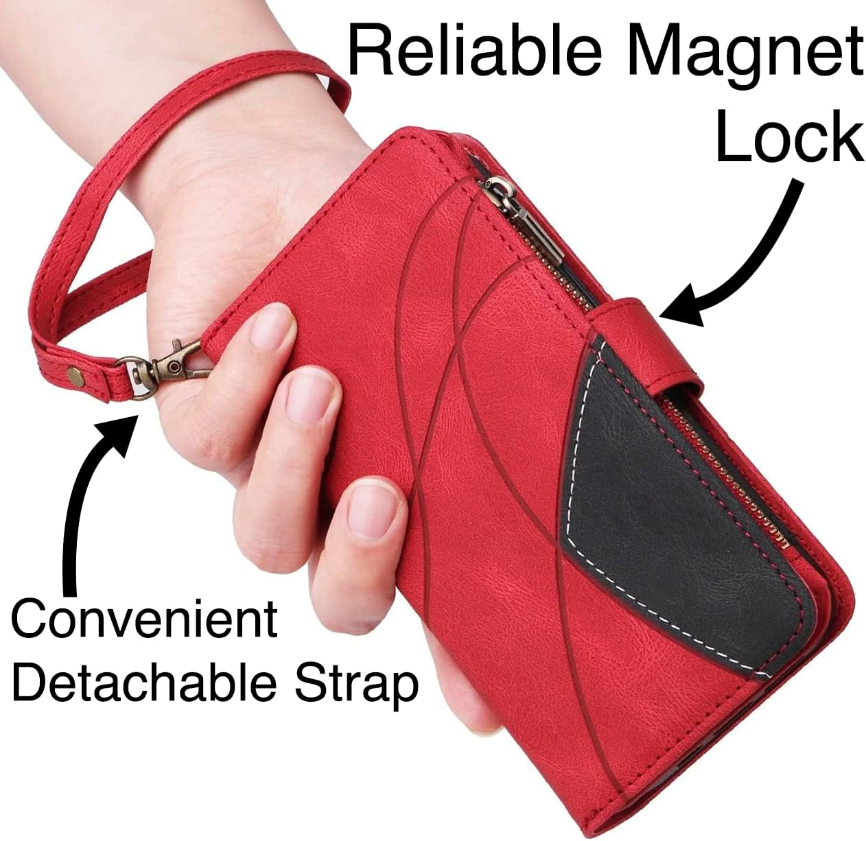 Design Piece of Leather-Like Wallet Phone Case for Samsung S24 Ultra with 5 Card Slots, Zipper Pocket, Kickstand and Magnetic Lock image number 4