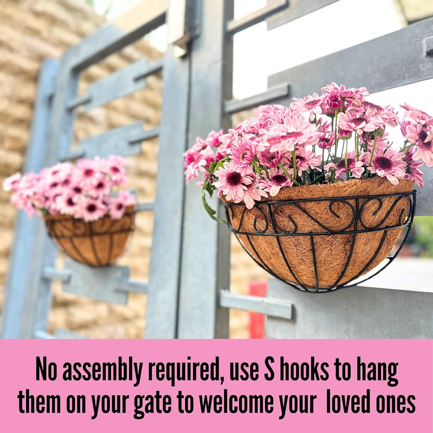 Lalagreen 16 Inch Wall Hanging Planters - 2 Pack, Large Wall Mounted Flower Basket with Coco Liner, Black Metal Horse Trough Window Herb Pot Holder Outdoor Plants Fence Rail Railing Deck Porch Balcony image number 4