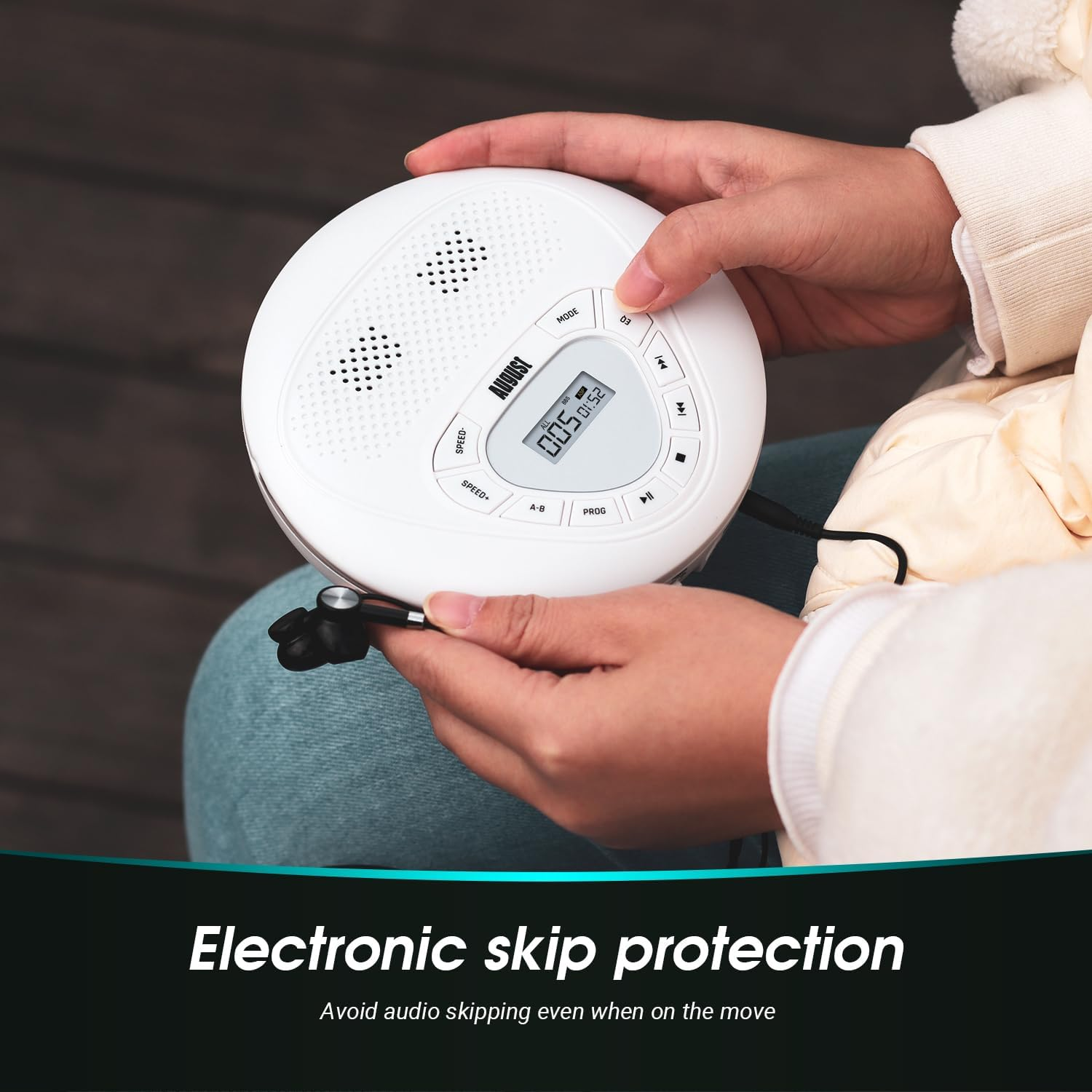 August SE10W Rechargeable Portable CD Player with Earphones USB-C Personal CD Walkman with anti Skip Protection, Repeat, EQ, PROG, MP3 Micro SD Card Mode - Small Size for Car, Home, Travel - White image number 5