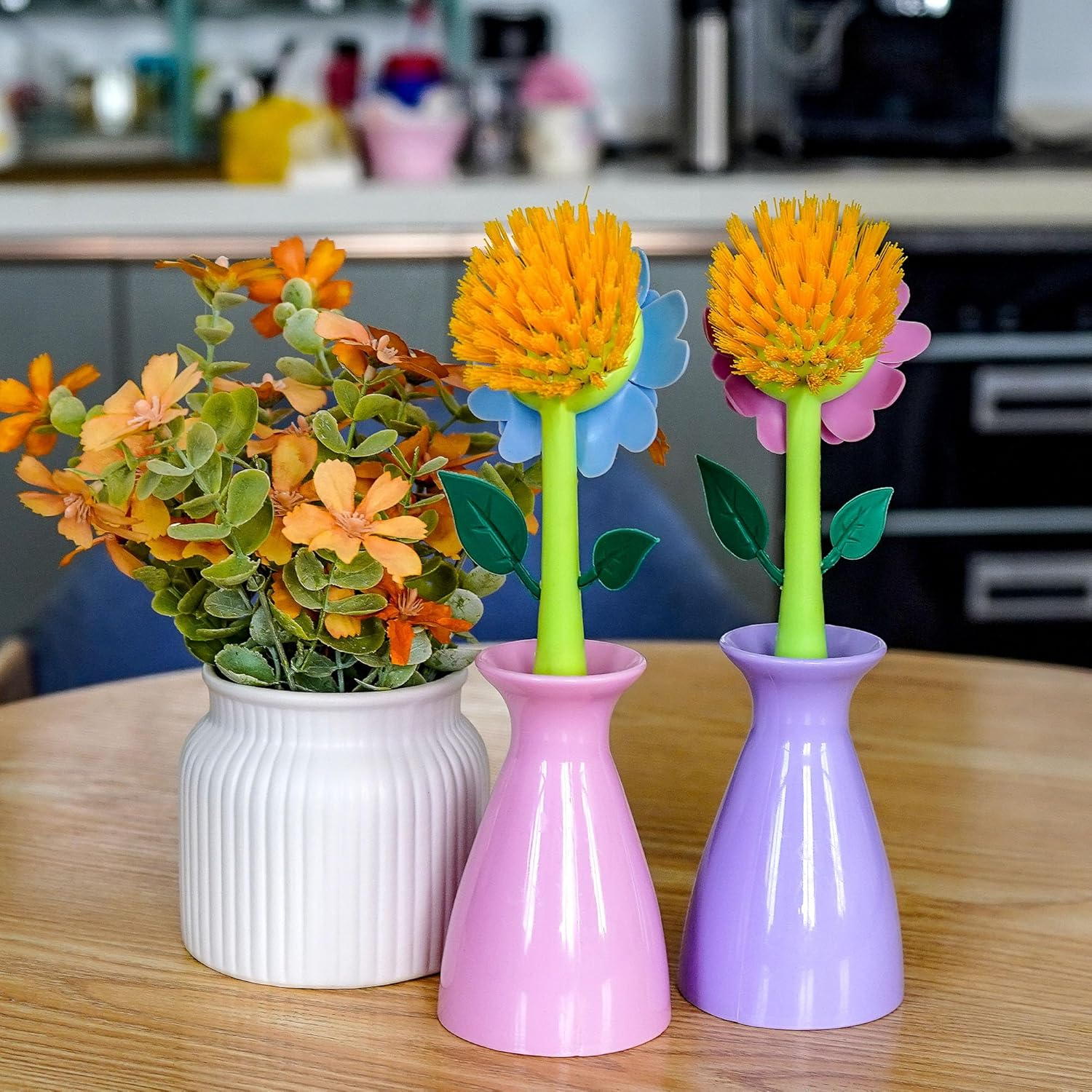 JANKOW Long Handle Flower Pot Brush, Florganic Dish Brush with Vase, Long Handle Dish Brush Kitchen, for Cleaning Pot Pan Sink Kitchen Supplies Decorative Vase (2 Pcs) (Purple/Pink)