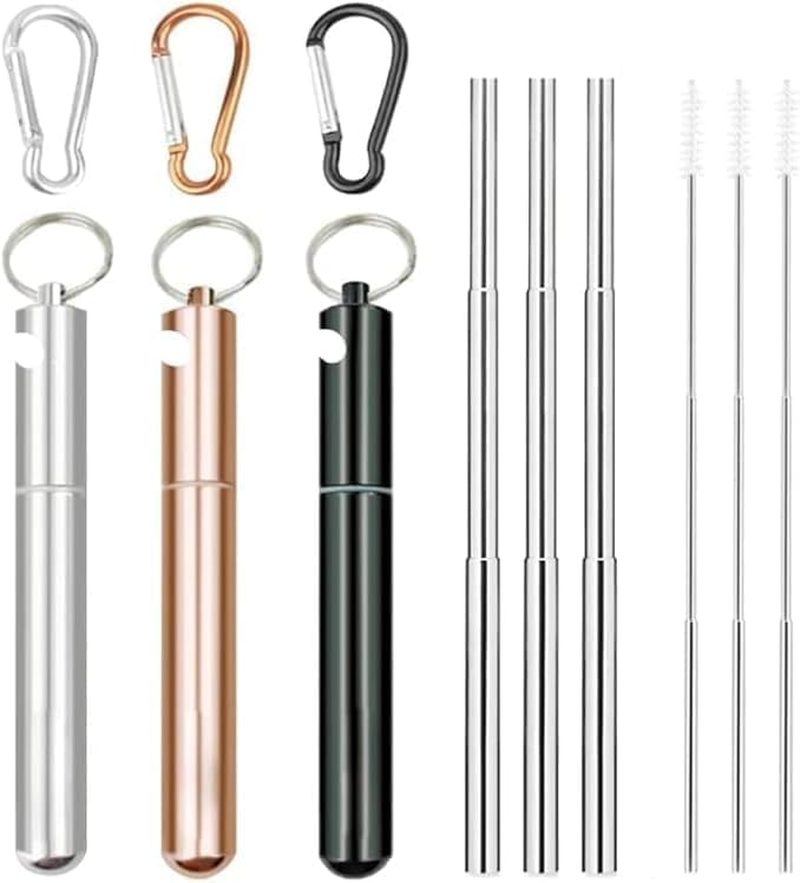 3Pack Reusable Telescopic Straw,Collapsible Stainless Steel Drinking Straws with Keychain, Bottle Opener and Cleaning Brush