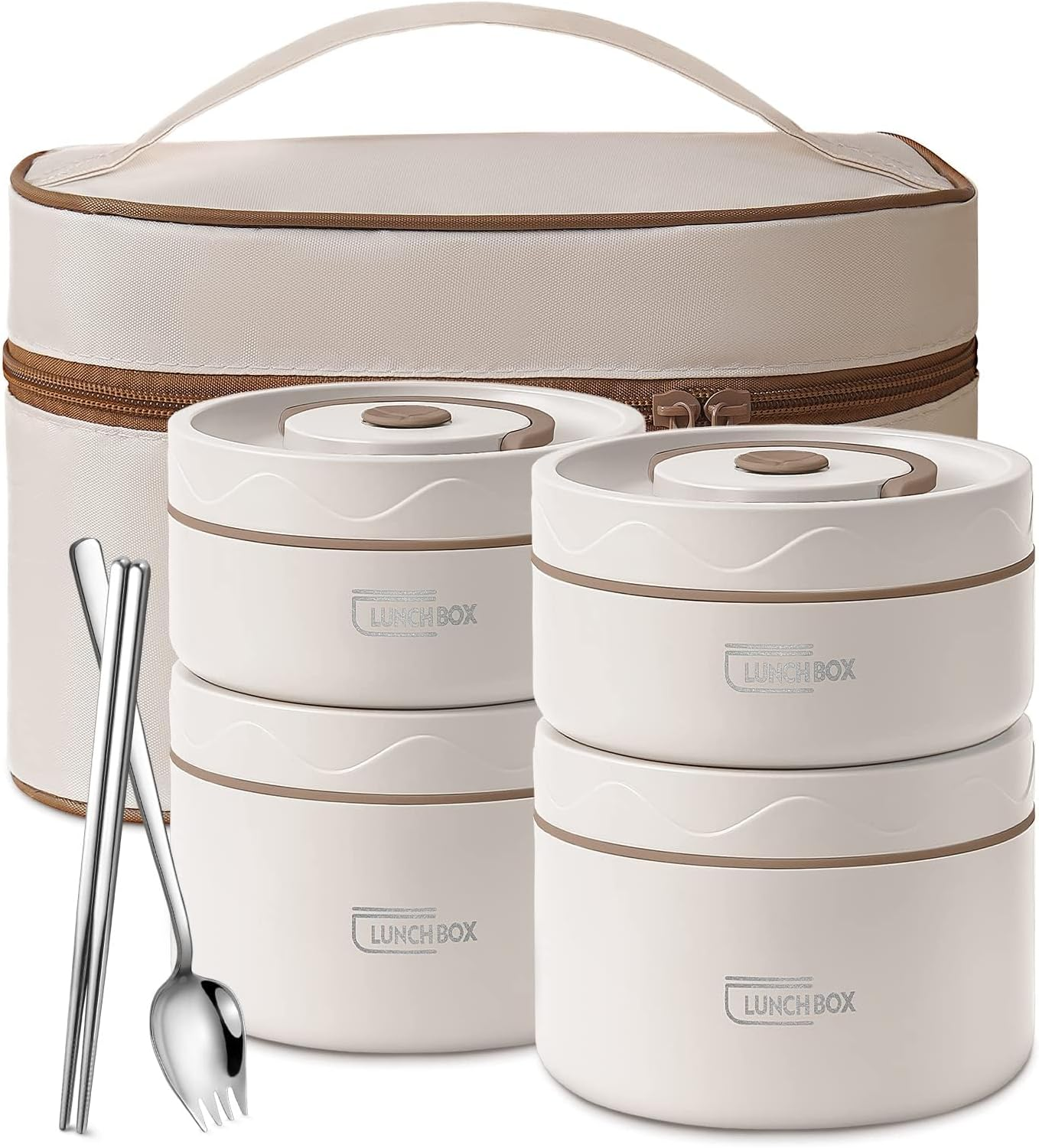 Thermal Bento Lunch Box Set, Portable Insulated Food Container Set with Bag, Separate Stackable Leakproof 304 Stainless Steel Lunch Container for Adult Kids Men Women (Beige-3 Pack)