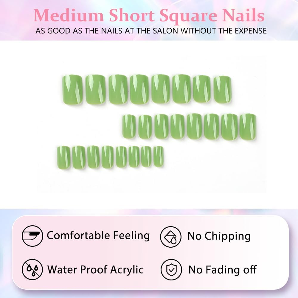 KXAMELIE Feather Light Green Nails for Gluing Medium Short Square Nail Studio Coffin Fake Nails Plain Seamless Soft Gel Fingernails for Women and Girls Press-On image number 2