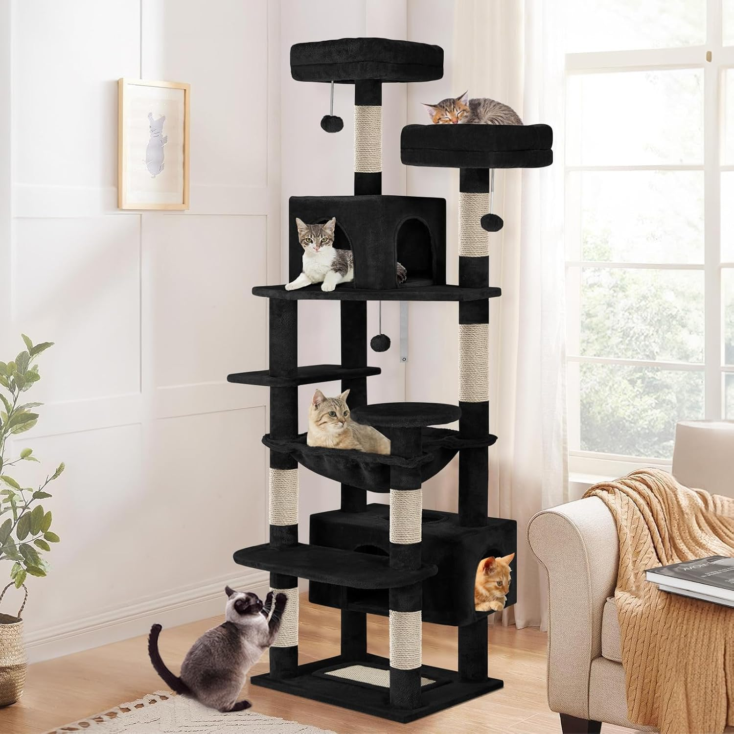 BEASTIE Cat Tree Play Tower 184Cm Tall, Multi-Level Kittens Scratching Post Tower with Scratching Pad, Multi-Story Pet Dens Condo Wood House Furniture with Sisal Scratcher Poles for Kitty, Black