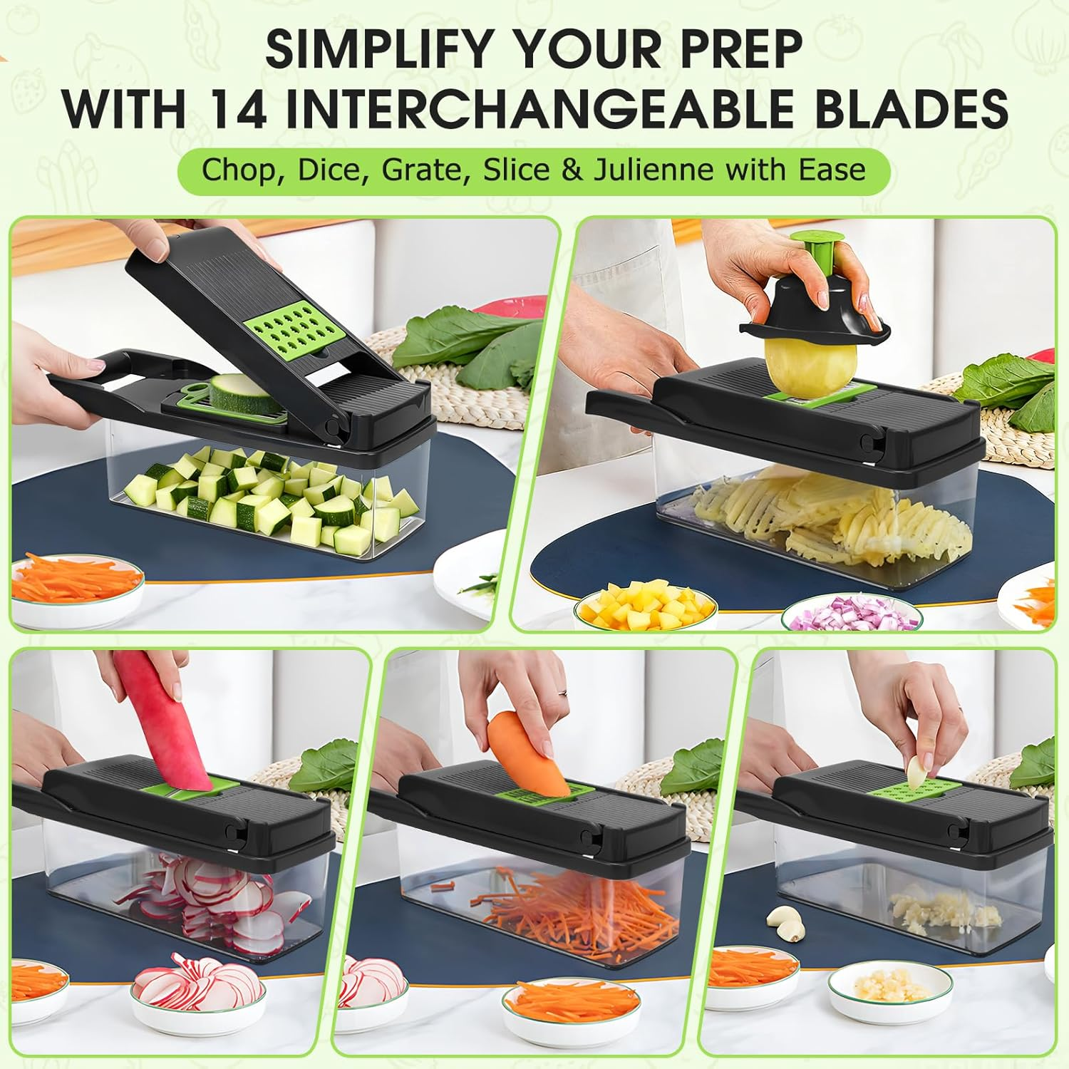 WODHMIEY Vegetable Chopper Cutter Slicer, 14-In-1 Multifunctional Food Veggie Onion Potato Fruit Dicer with Container, Cheese Grater, 8 Interchangable Blades, Kitchen Tools Gadgets image number 4