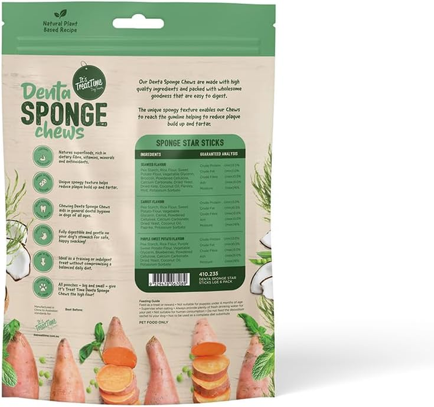 It'S Treat Time Denta Sponge Chews, Star Sticks, Natural Plant Based, Large 6 Pack &ndash; Dental Chews with Superfoods, Low Fat, Easily Digestible, Seaweed & Carrot &Purple Sweet Potato Flavour image number 5