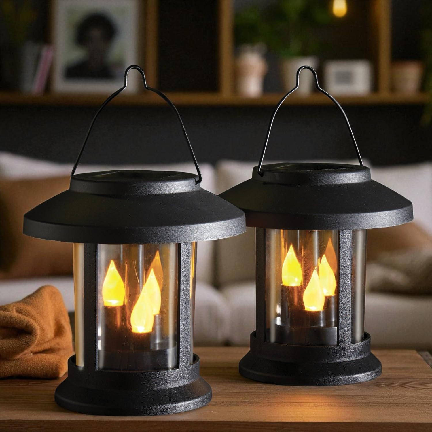 3 PAGEN 3-In-1 Solar Lantern with Plug Rod Set of 2 - Set of 2 LED Solar Garden Lights Black with Flickering Effect - as Ground Plug, Pendant Light or Table Lamp - Environmentally Friendly image number 5