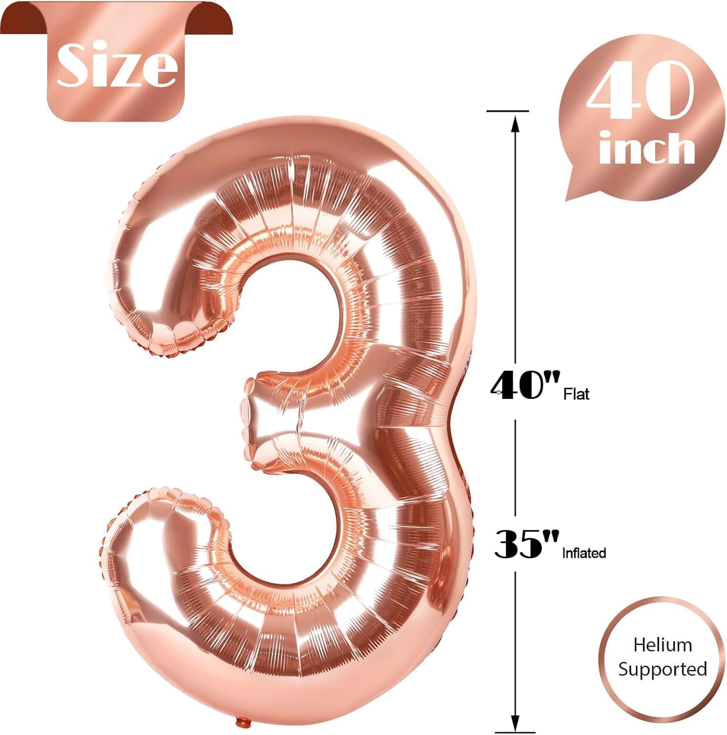 Lumjoy Rose Gold 3 Balloon, 40 Inch Number Balloon, 3Rd Birthday Decorations for Kids, Girls, Boys, Men, Women, Party Supplies for Celebrations, Giant Number 3 Balloon
