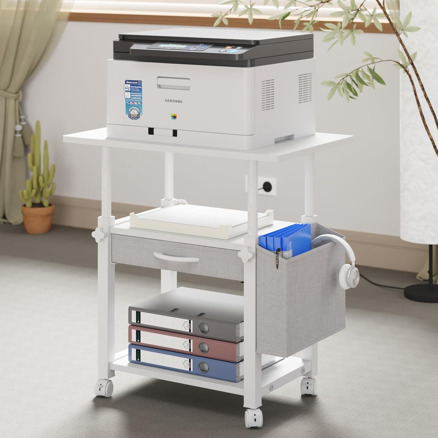 YAOHUOO 22"X15" Large Printer Stand with Storage Drawer, 2-Tier under Desk Printer Table for Home Office, Printer Cart Fit Fax Machine/3D Printer/Scanner(White)