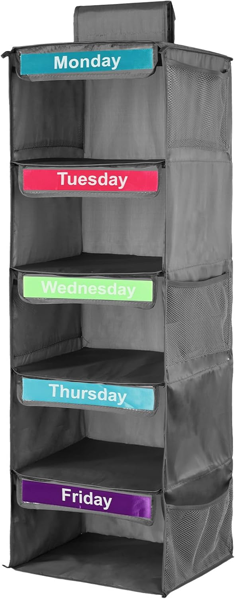 Weekly Clothes Organizer for Kids - 5 Shelf Hanging Closet Organizer, Polyester Daily Cube for Hats, T-Shirts, Bags, Towels (White)