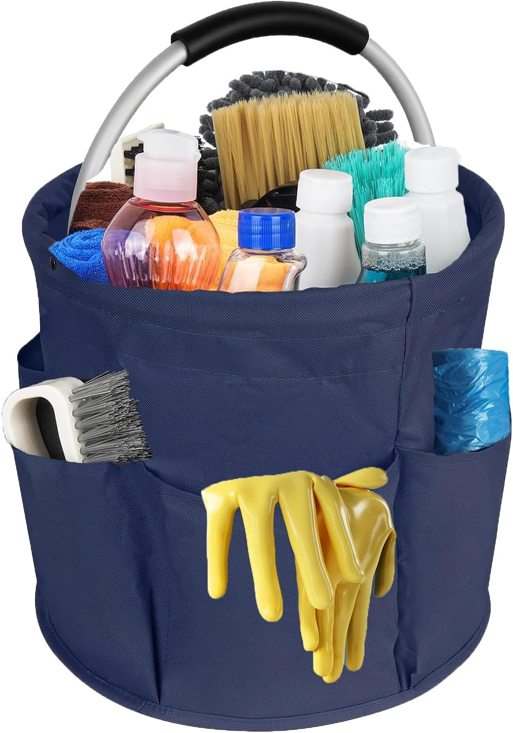 Cleaning Supplies Organiser, Cleaning Bag, Foldable Cleaning Bag, Cleaning Bag, Cleaning Agent Organiser Portable with Handle and Six Pockets for Indoor, Garden, Bathroom, Black (Pink)