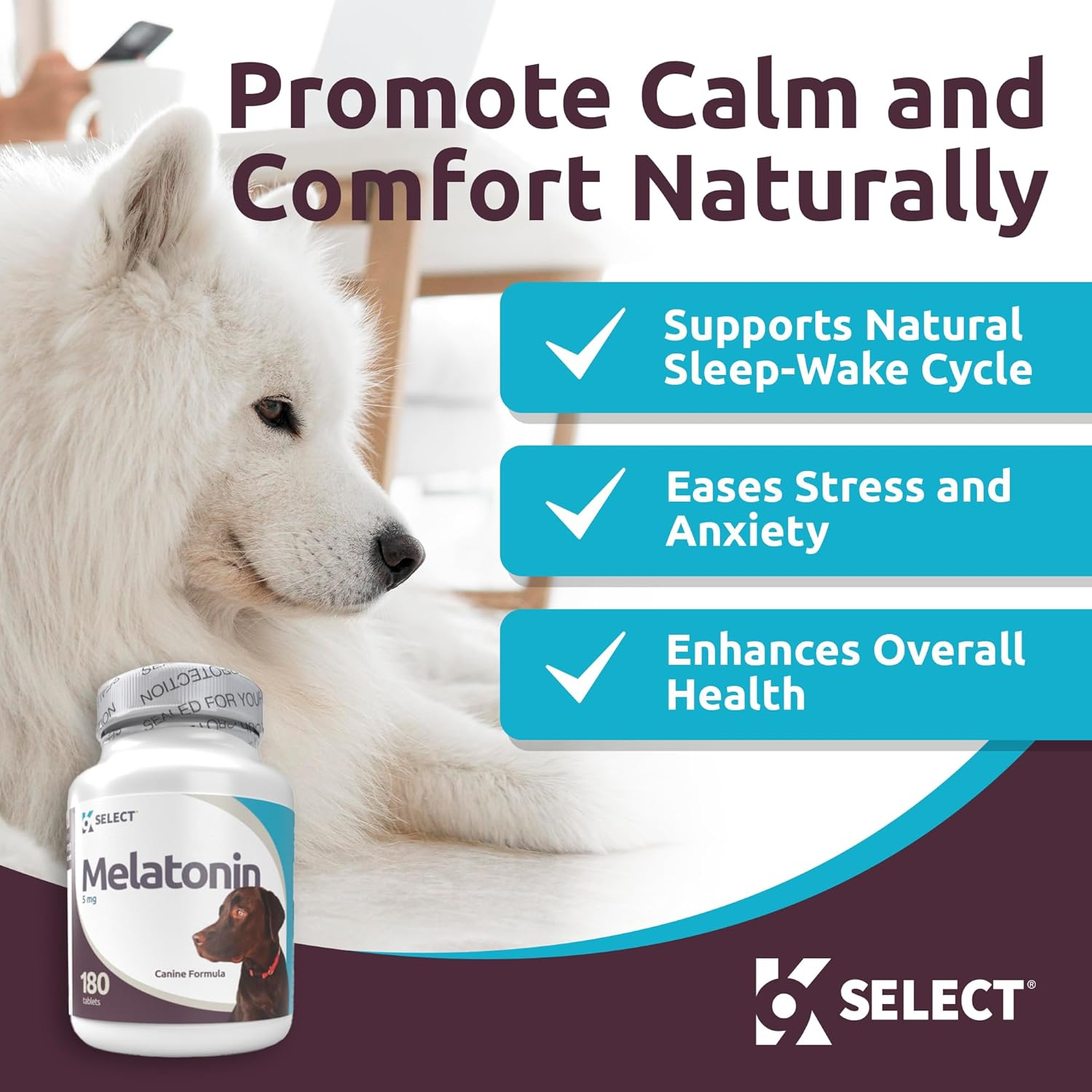 K9 Select Melatonin for Dogs - Calming Aid Tasty Dog Supplement - Helps Overall Health with Quiet Moments and Composure - Reduce Stress Calming Treats for Large Dogs - 5 Mg, 180 Tablets image number 3