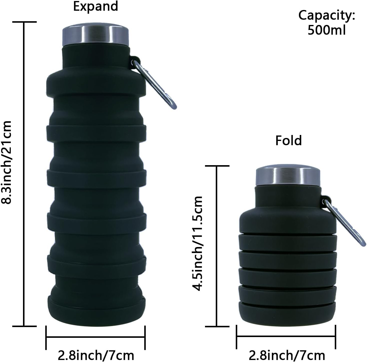 Collapsible Water Bottle, Foldable Water Bottles 17Oz, Portable Leak Proof Sports Water Bottle, BPA Free Reusable Travel Water Bottle, Silicone Collapsible Water Bottles with Carabiner (Black) image number 2