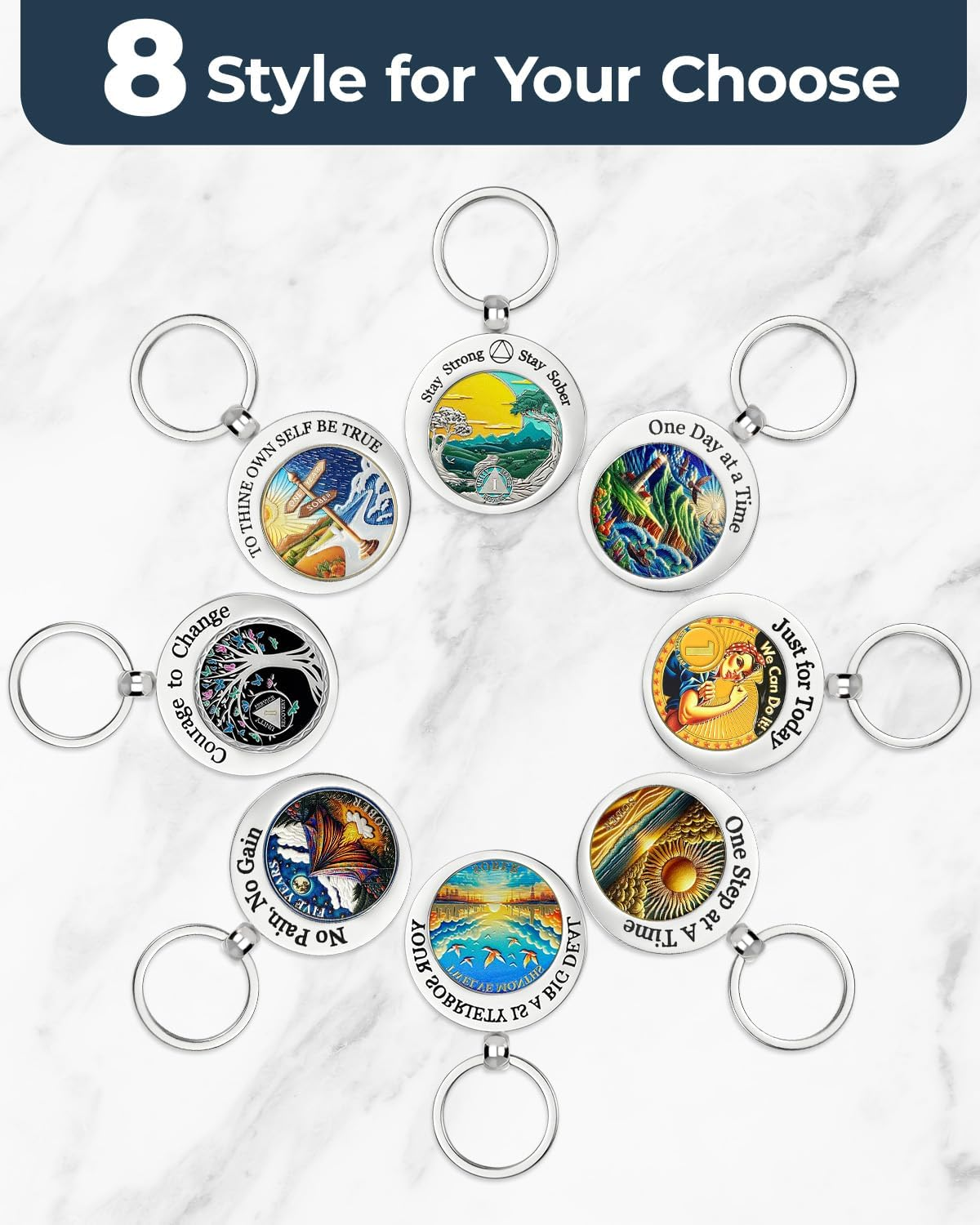 CHURYUML AA Coin Holder Keychain - Stainless Steel Double-Sided Keychain for Sobriety Chip AA Medallions - 8 Unique Styles image number 1