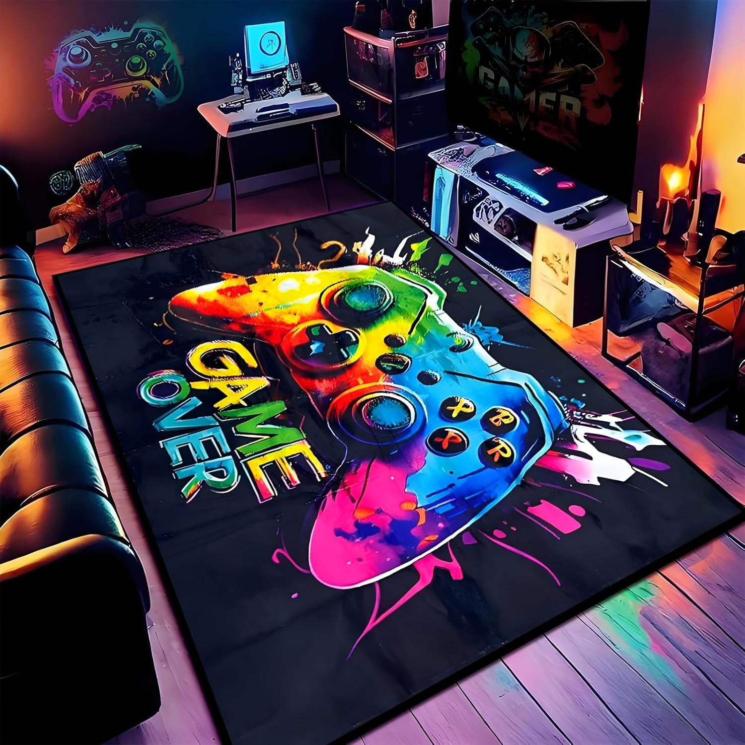 Gaming Rug Plush Playmat for Boy Room, Non-Slip 3D Gamer Flannel Play Mat Carpet, 160X120Cm Activity Area Rugs for Playroom,Livinroom, Bedroom Floor Mat Decor
