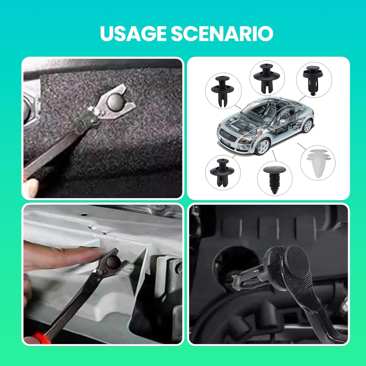 100PCS Car Fastener Clip Kit Universal Push Retainer Set with Removal Tools for Bumper Fender Auto Body Repair Black White Plastic Rivets for Most Vehicles image number 2