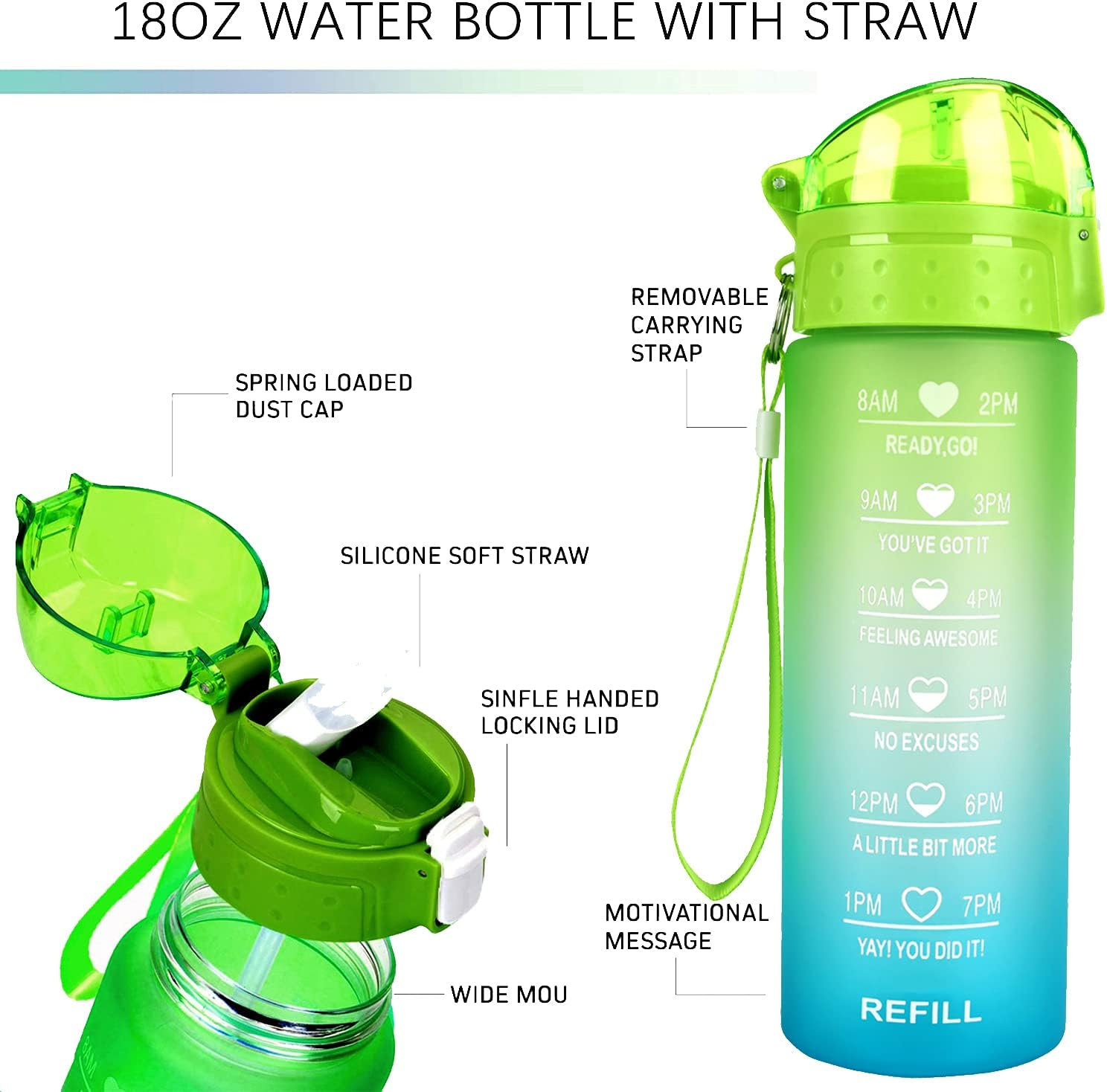 XACIOA 18Oz Water Bottle Kids with Straw,Drink Bottle with Time Marking Leakproof BPA Free,Ensure You Drink Enough Water Throughout the Day for Fitness and Outdoor Enthusiasts - 18-Lanzi image number 2