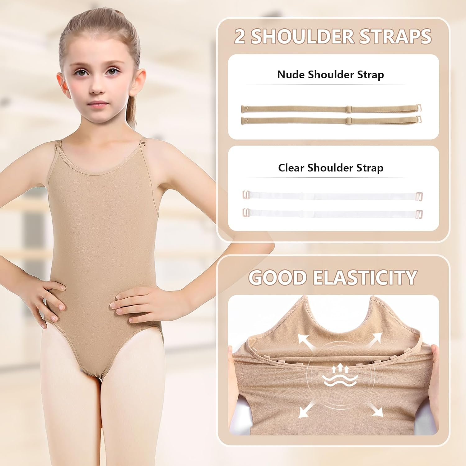 Girls Nude Leotard Seamless Camisole Leotards Undergarment for Ballet Dance Gymnastics with Adjustable Clear Straps