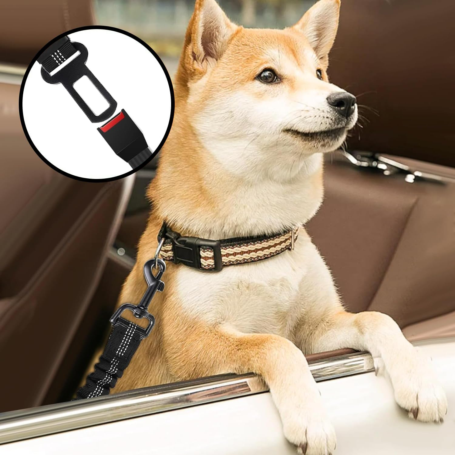 Dog Seat Belts for Cars, Leash Adjustable, Universal Dog Seatbelt for Car Travel, Elastic Buckle Pet Car Harness, Durable Cat Seat Belt with Strong Nylon Buffer-(Black) image number 5