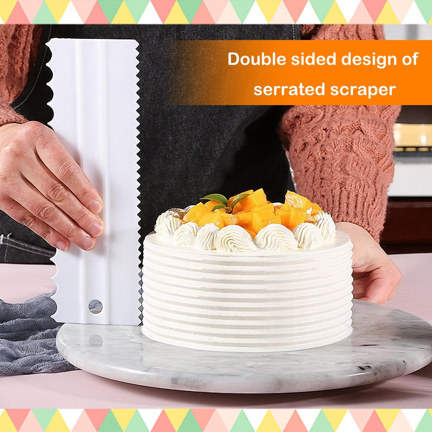 EKIND Cake Scraper Set Double Sided Icing Smoother Long Edge Buttercream Spatula Comb for Decorating Mousse Pastry Tools Baking Supplies(4 Pcs White) image number 2