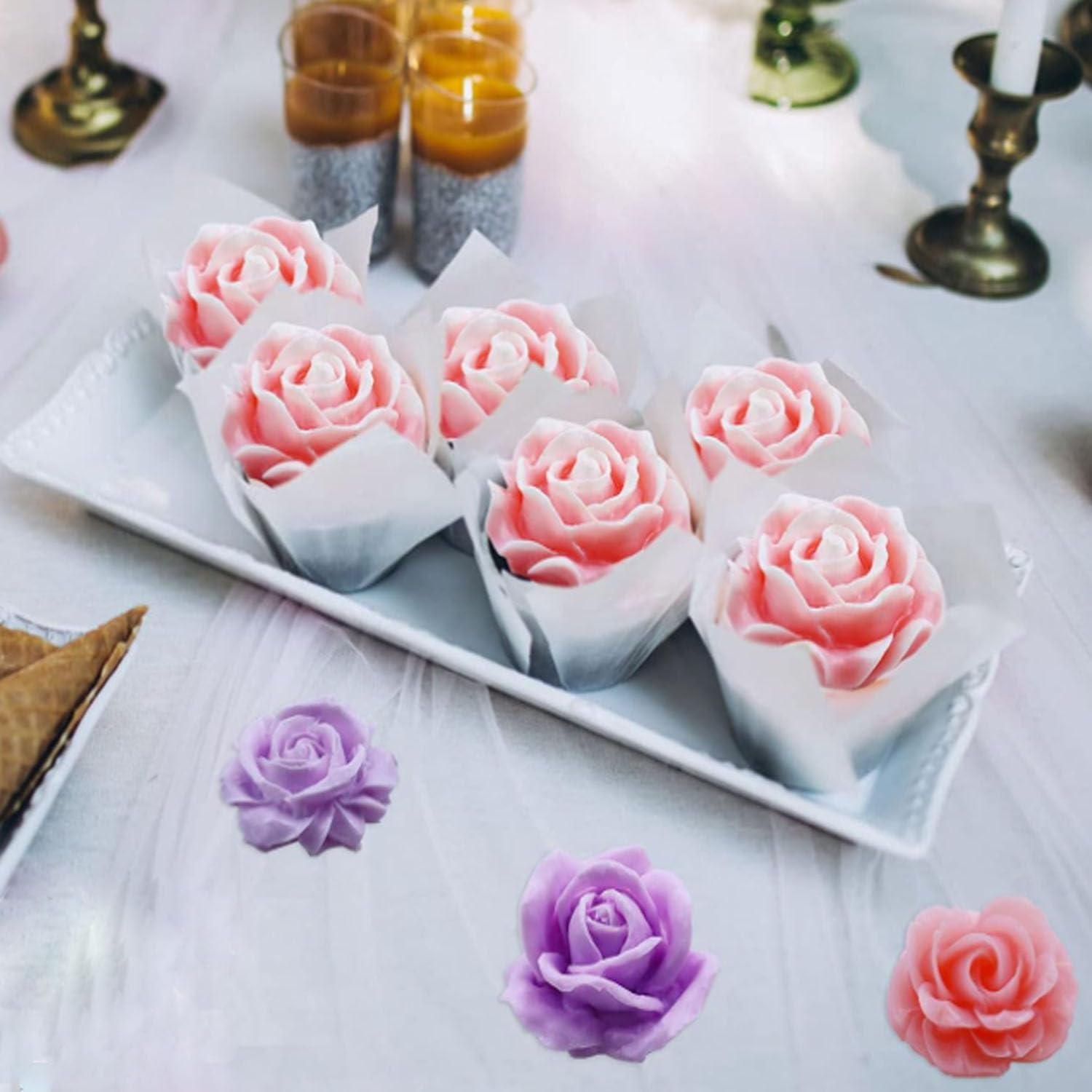 6 Pieces Flower Silicone Soap Mould,Flower Fondant Mould,Rose Candle Mold,Fondant,Candy,Chocolate,Cake, Candle image number 2