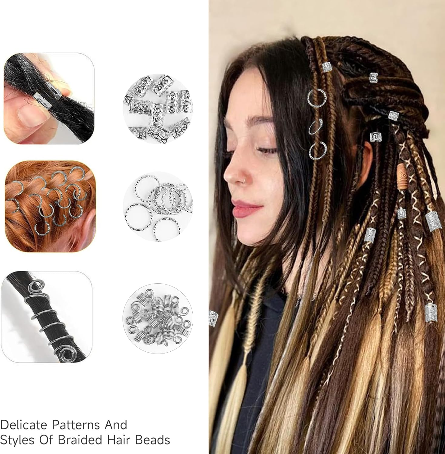 LMXMGRG 290Pcs Silver Jewelry for Braids,Loc Jewelry for Hair Dreadlock,Dreadlocks and Beards Metal Braid Clips Metal Gold Braids Rings Cuffs Clips for Dreadlock Accessories Hair Braids Jewelry Decorations image number 6