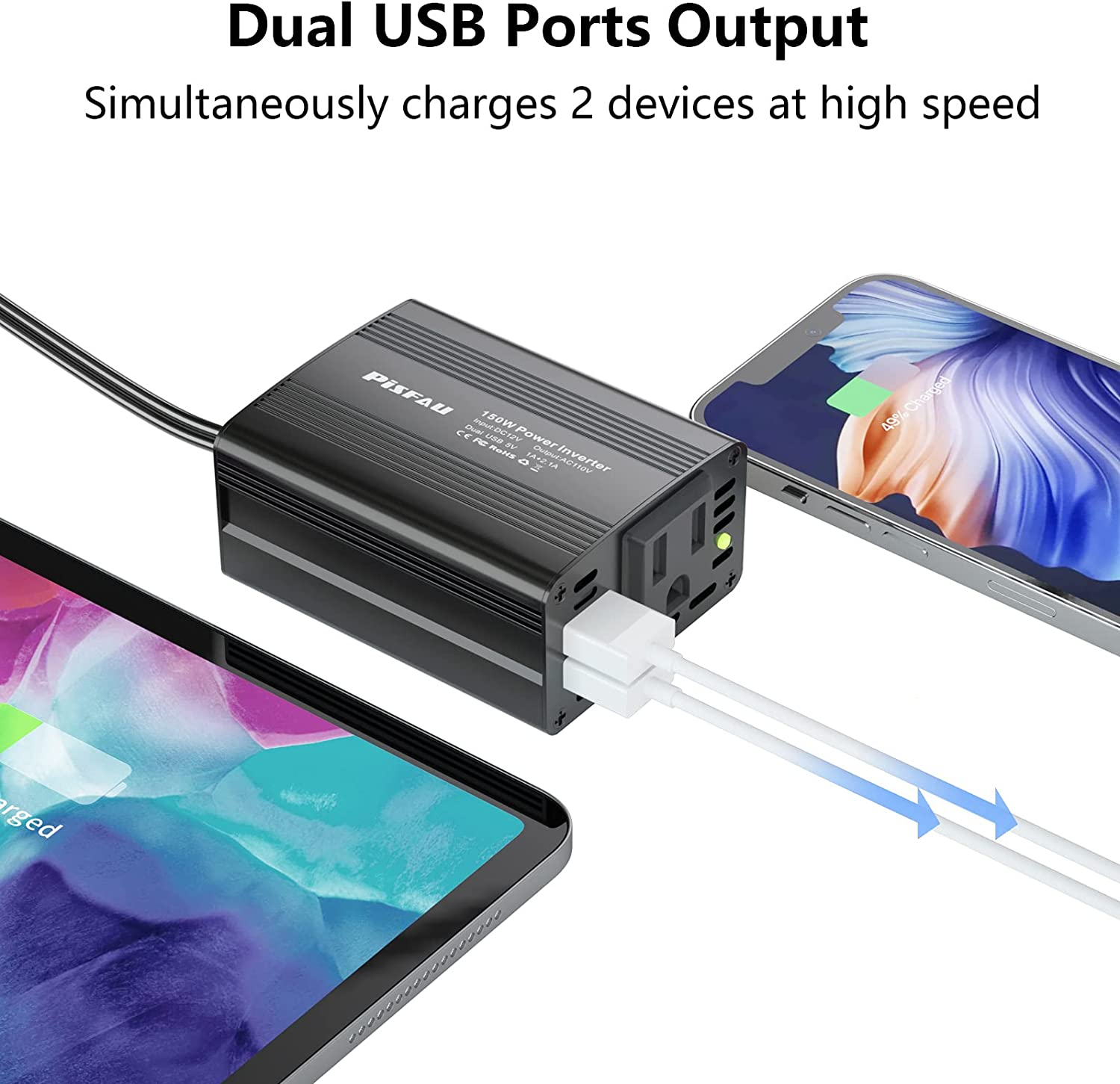 150W Power Inverter 12V DC to 110V AC Car Plug Adapter Outlet Converter with 3.1A Dual USB AC Car Charger for Laptop Computer Black - Black image number 2