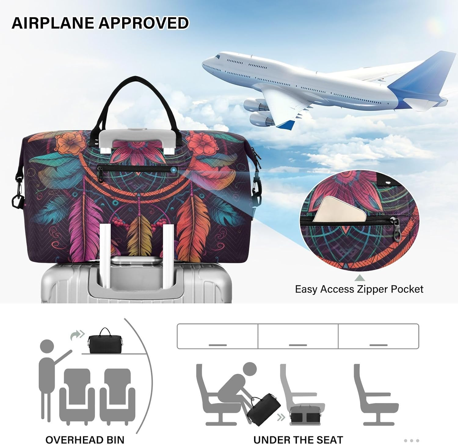 XYMZR Large Travel Duffel Bag, Dreamcatcher Colorful Feather Sports Tote Gym Bag, Shoulder Weekender Overnight Bag for Women Men, Carry on Luggage with Toiletry Bags, Multi-Colored, Multi-Colored image number 5