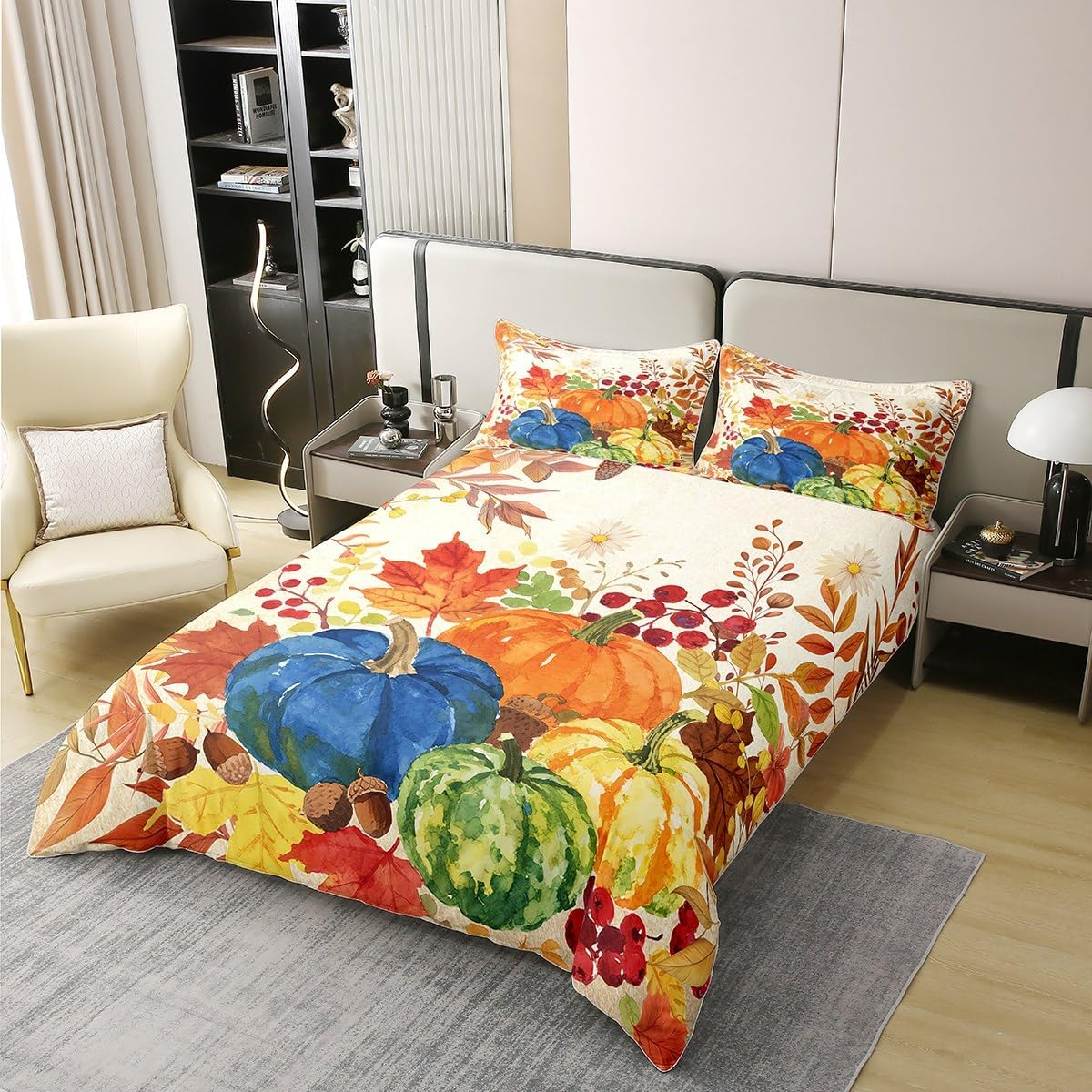 Homewish Aesthetic Watercolour Prints Pumpkin Cotton Duvet Cover for Children Boys Teenagers Maple Leaves Bed Linen 155 X 220 Cm Autumn Plants Flowers Leaves Nut Fruit Bedding Set Autumn Harvest Bed image number 1