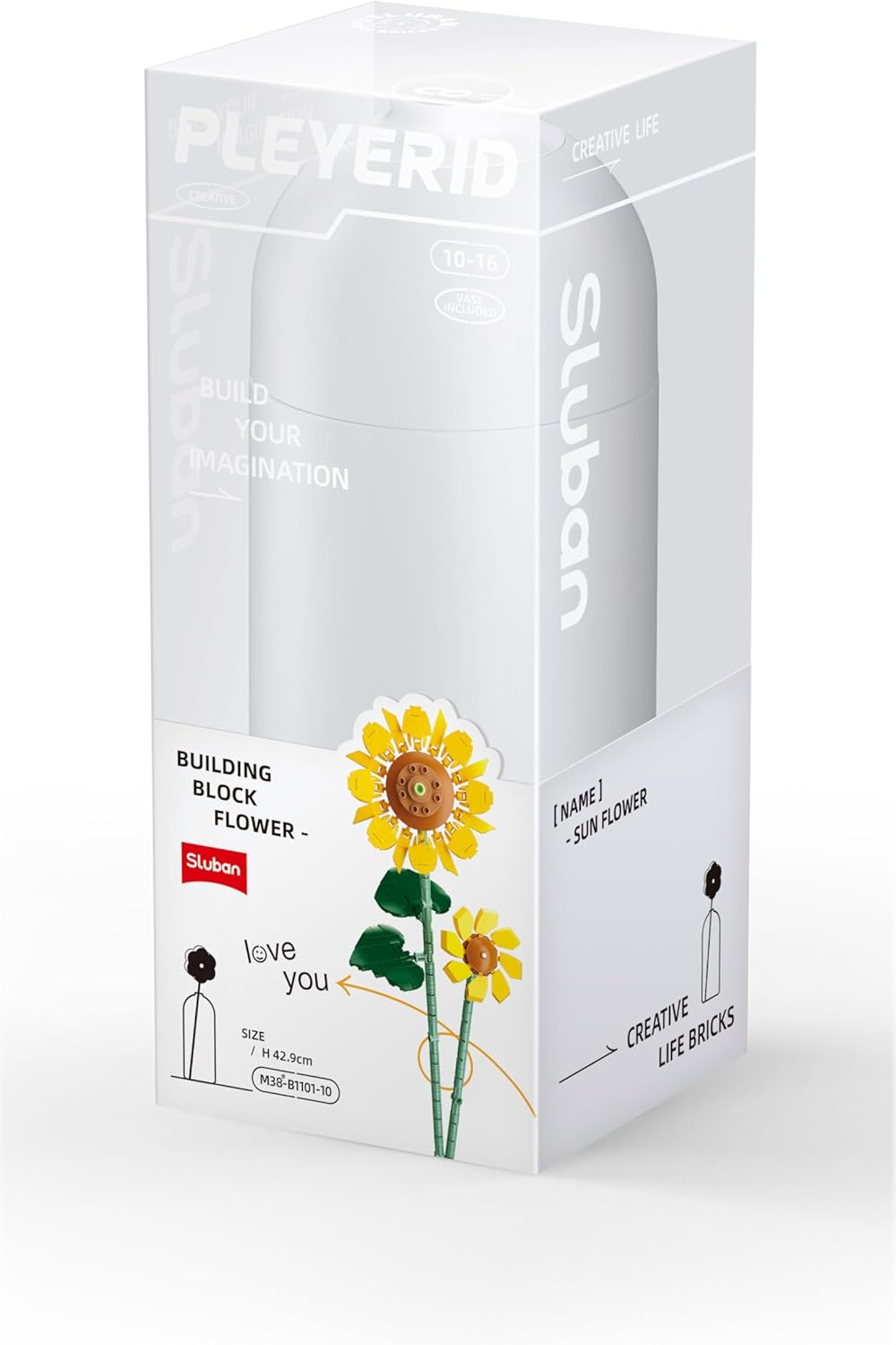 Stuban Building Block Sunflower Set, Creative Life Building Blocks, 16.9 Inch Height, with White Vase, Gift Idea, M38-B1101-10
