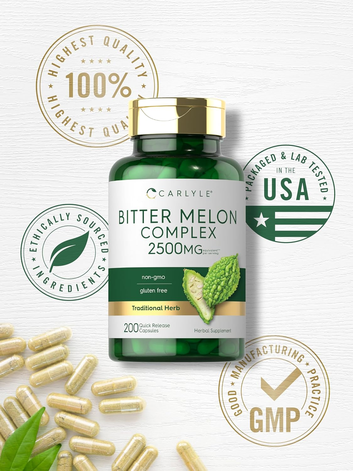 Bitter Melon Capsules | 1000Mg | 200 Count | Non-Gmo & Gluten Free Extract | Complex Supplement | by Carlyle