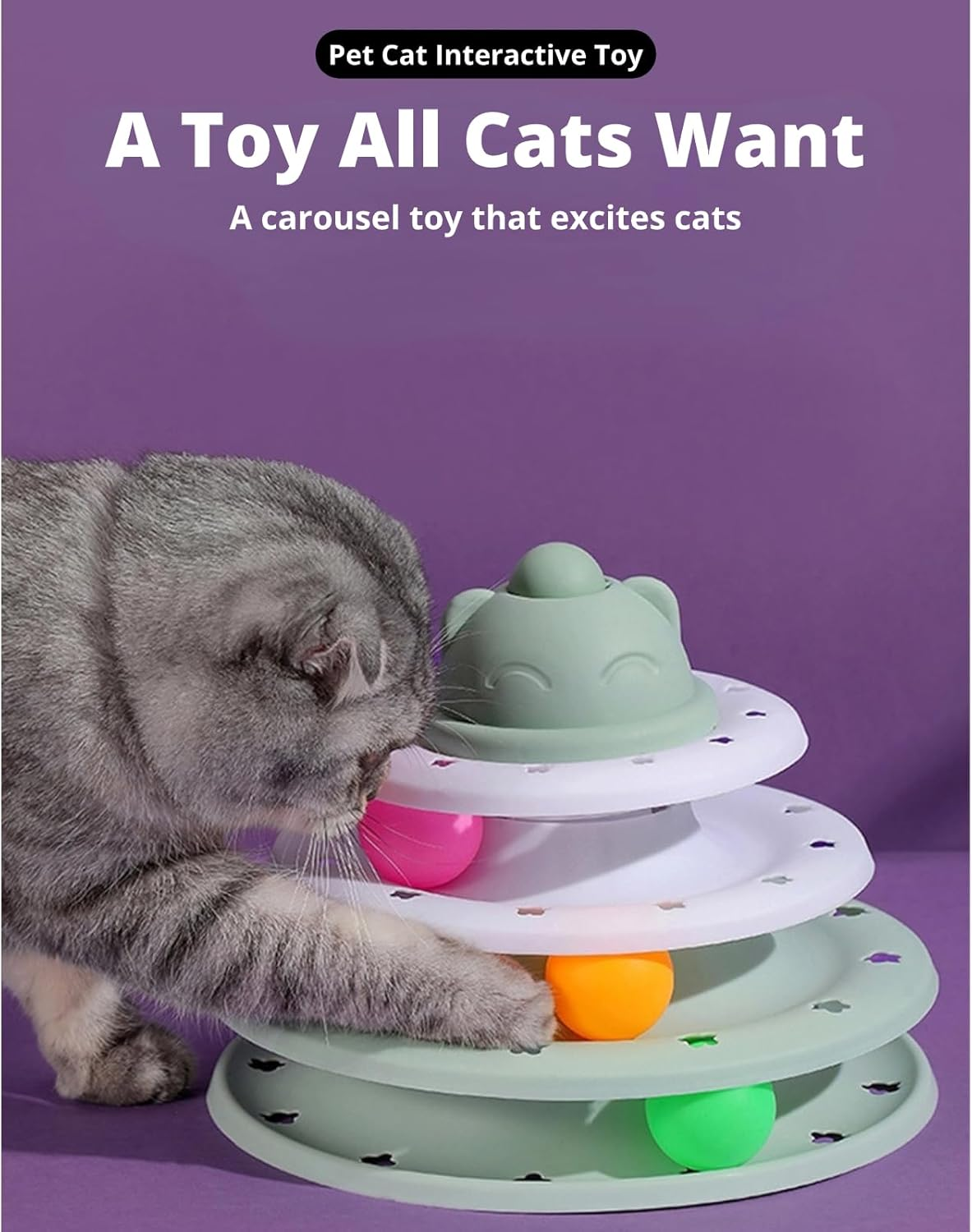 Cuifati Cat Roller Ball Toy, 3 Tracks Plastic Cat Turntable Toy, Kitten Tower Toy with 3 Colourful Balls, for Multiple Indoor Cats image number 6