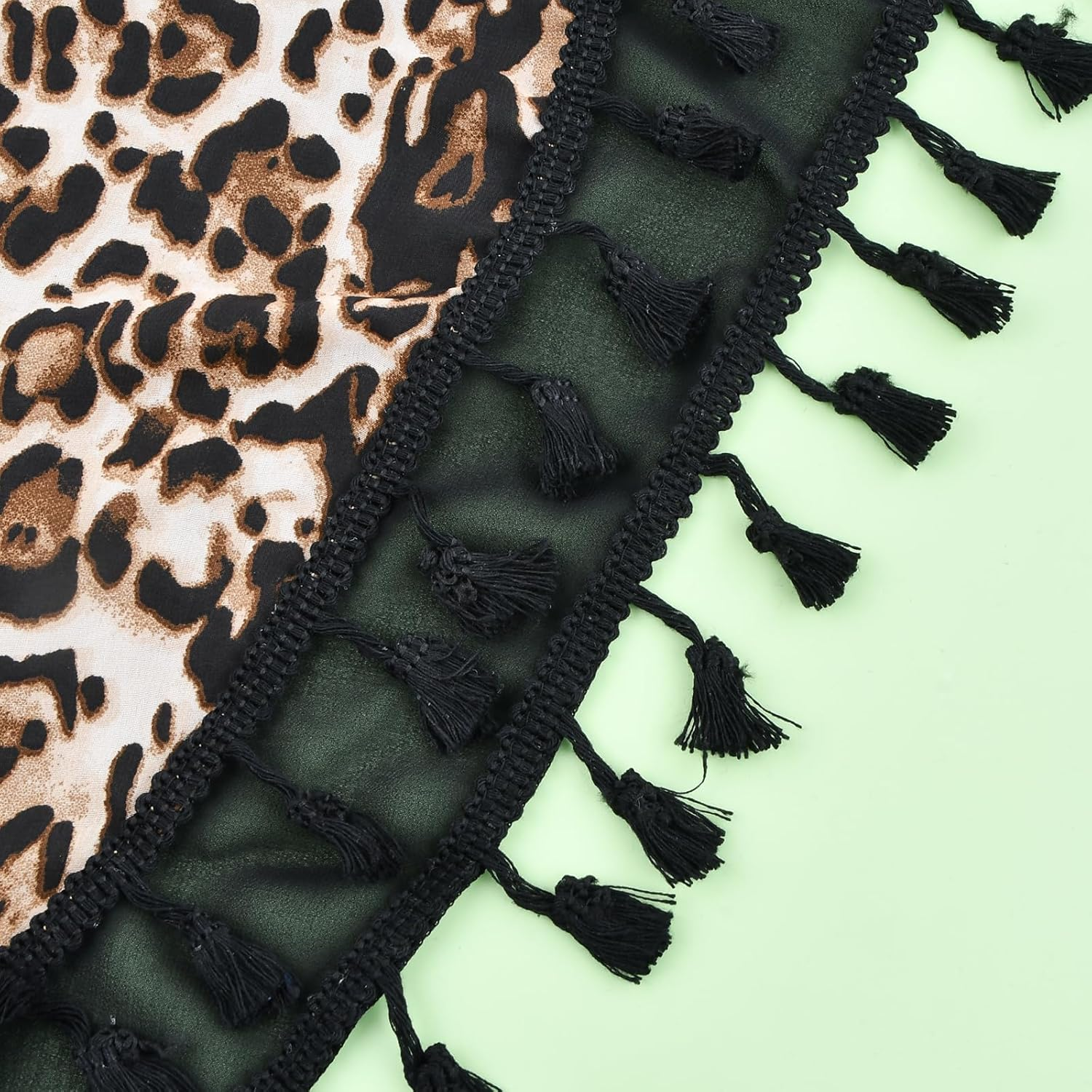 2 Pieces Women Beach Sarong with Tassel, Chiffon Beach Cover up for Women, Swimsuit Wrap Pareo for Bikini, Sexy Short Skirt Beach Cover for Summer Holiday, Black and Leopard image number 4