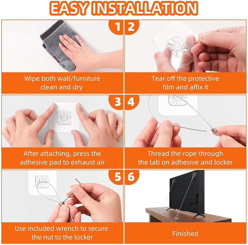 2Pcs TV Anchors, with No Drill Adhesive, Adjustable Safety Straps for Securing TV, Wall Cabinet, Dresser Stand. anti Tip Wall Anchors Kit for Child Safety image number 4