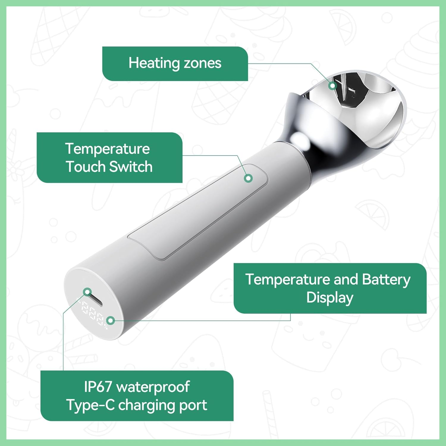 Heated Ice Cream Scoop &ndash; Electric Scooper for Hard Ice Cream and Desserts, Handheld Heating up to 158&deg;F, Rechargeable with LED Display, Easy to Clean, Ideal Summer Gift (White) image number 1