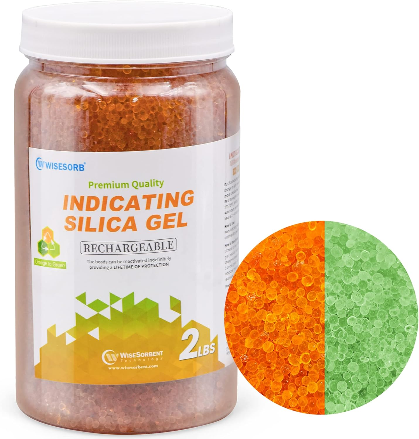 Wisesorb Silica Gel 2LBS, Indicating Silica Beads (Orange to Green), Reusable Silica Gel Desiccant Dehumidifier